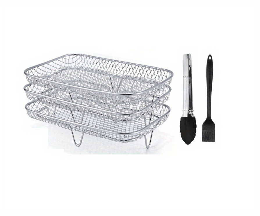 1pc 1set air fryer accessories three layer square grill rack steam rack stainless steel stackable rack dehydration rack barbecue basket barbecue rack drainage basket filter rack food frying basket oil brush details 8