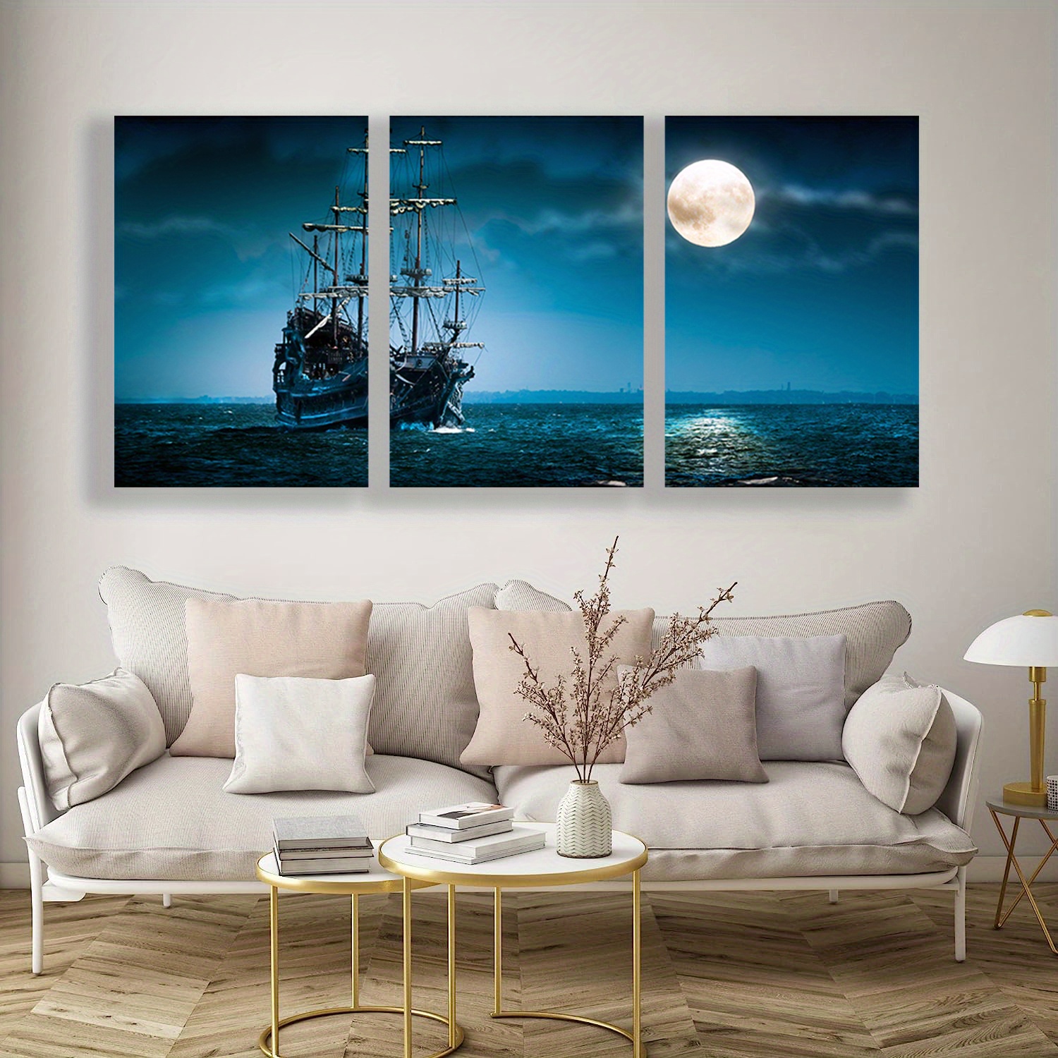 Modern Art Canvas Print Posters, Blue Boat On Seascape And Moon In The Sky Canvas  Wall Art Paintings, Artwork Wall Painting For Living Room Bedroom Bathroom  Office Hallway Kitchen Wall Decors, No