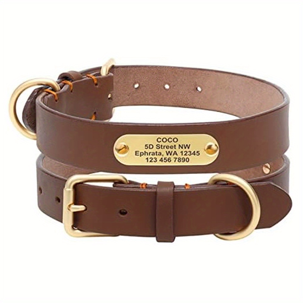 TEMU Thick Top-grain Cowhide Handmade Collar With Engraved Plate, , 5 Feet, Sturdy And Durable