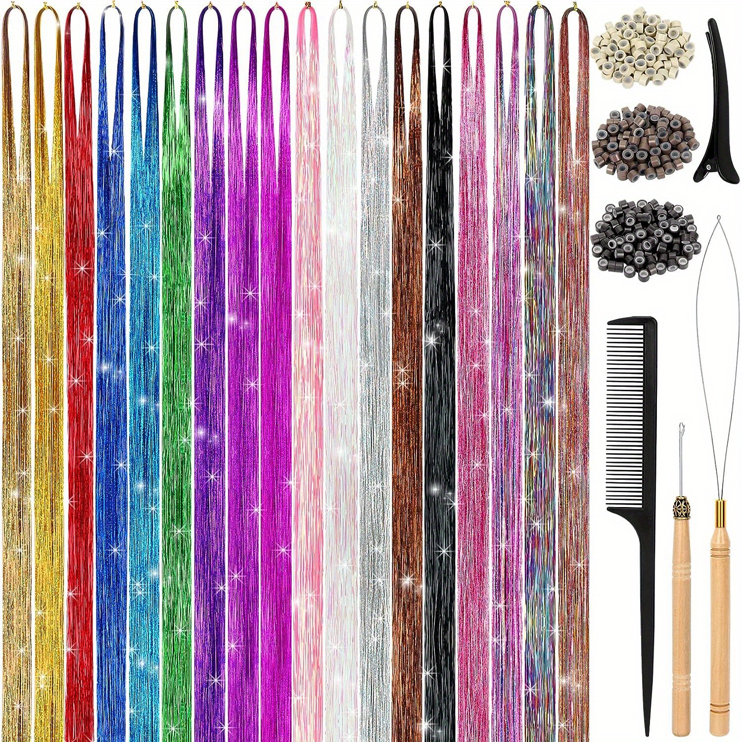 Hair Tinsel Kit 16 Colors Tinsel Hair Extensions with Tools Glitter Fairy  Hair Tensile for Halloween Cosplay Christmas New Year