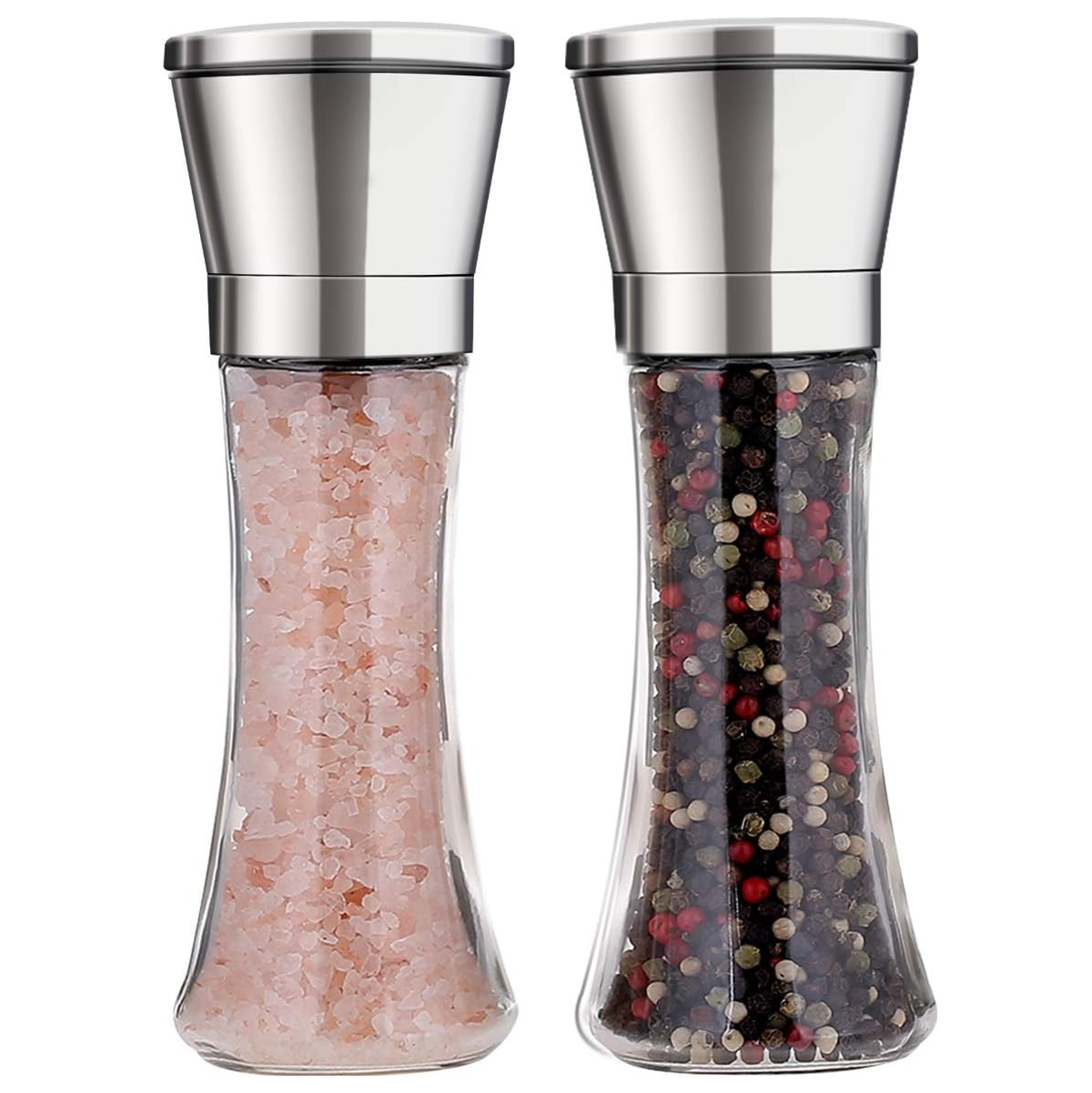 Salt And Pepper Grinder Set With Stand Stainless Steel&Glass