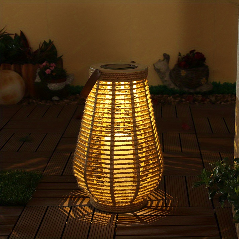 Portable Lantern Rattan LED Waterproof Solar Outdoor Lights Floor Lamp