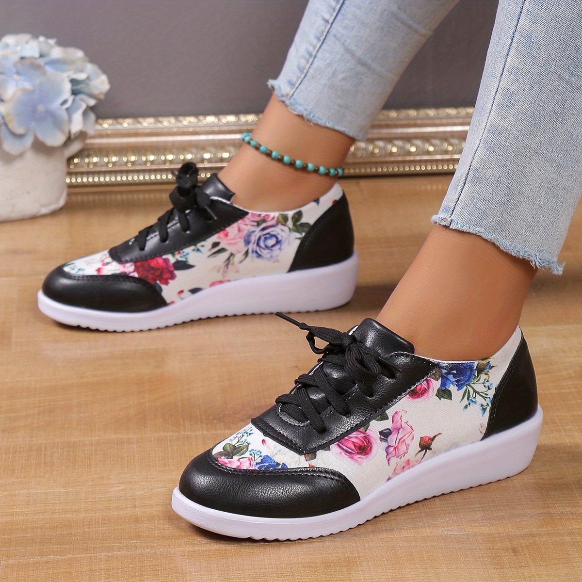 womens floral print sneakers lace up low top round toe non slip outdoor lightweight trainers casual versatile shoes details 3