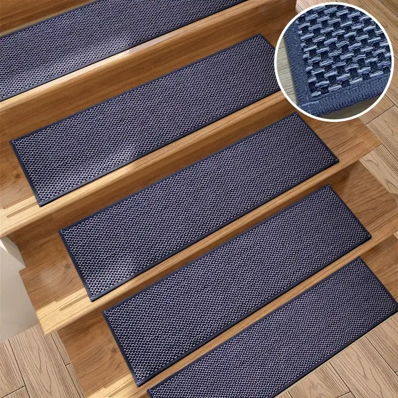 Juego de 13 alfombras para peldaños de escalera, línea dorada, de tela azul  marino tailandesa para antideslizantes, autoadhesivas, alfombras de