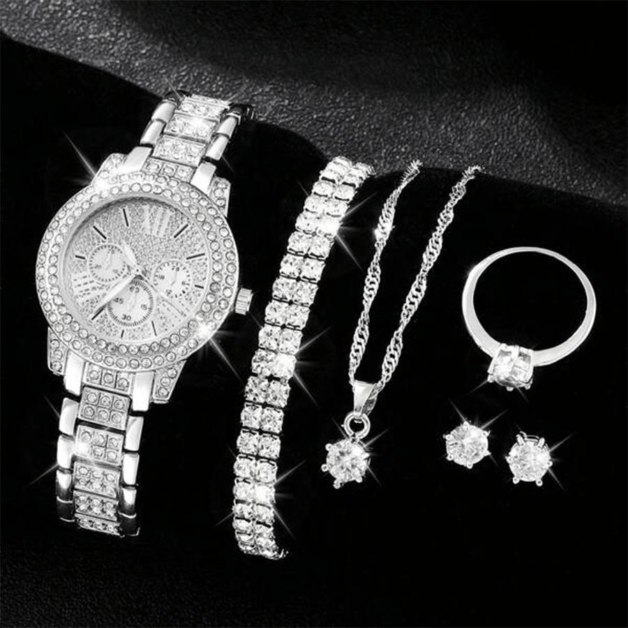 luxury rhinestone quartz watch hiphop fashion analog wrist watch 5pcs jewelry set gift for women her silvery watch 6pcs jewelry women 6