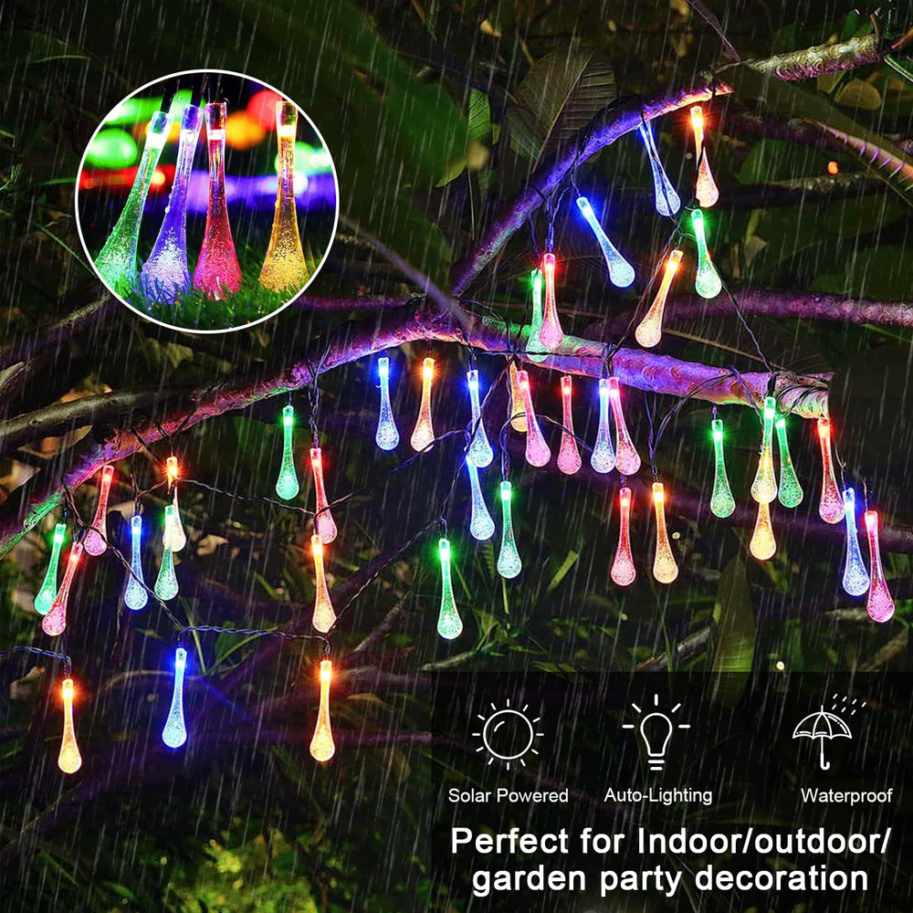 1pc water drops solar string light 6 5m 30led outdoor waterproof lighting crystal string lights with 8 lighting modes solar garden lights outdoor patio porch christmas wedding party garden wall decoration colourful warm white white details 1