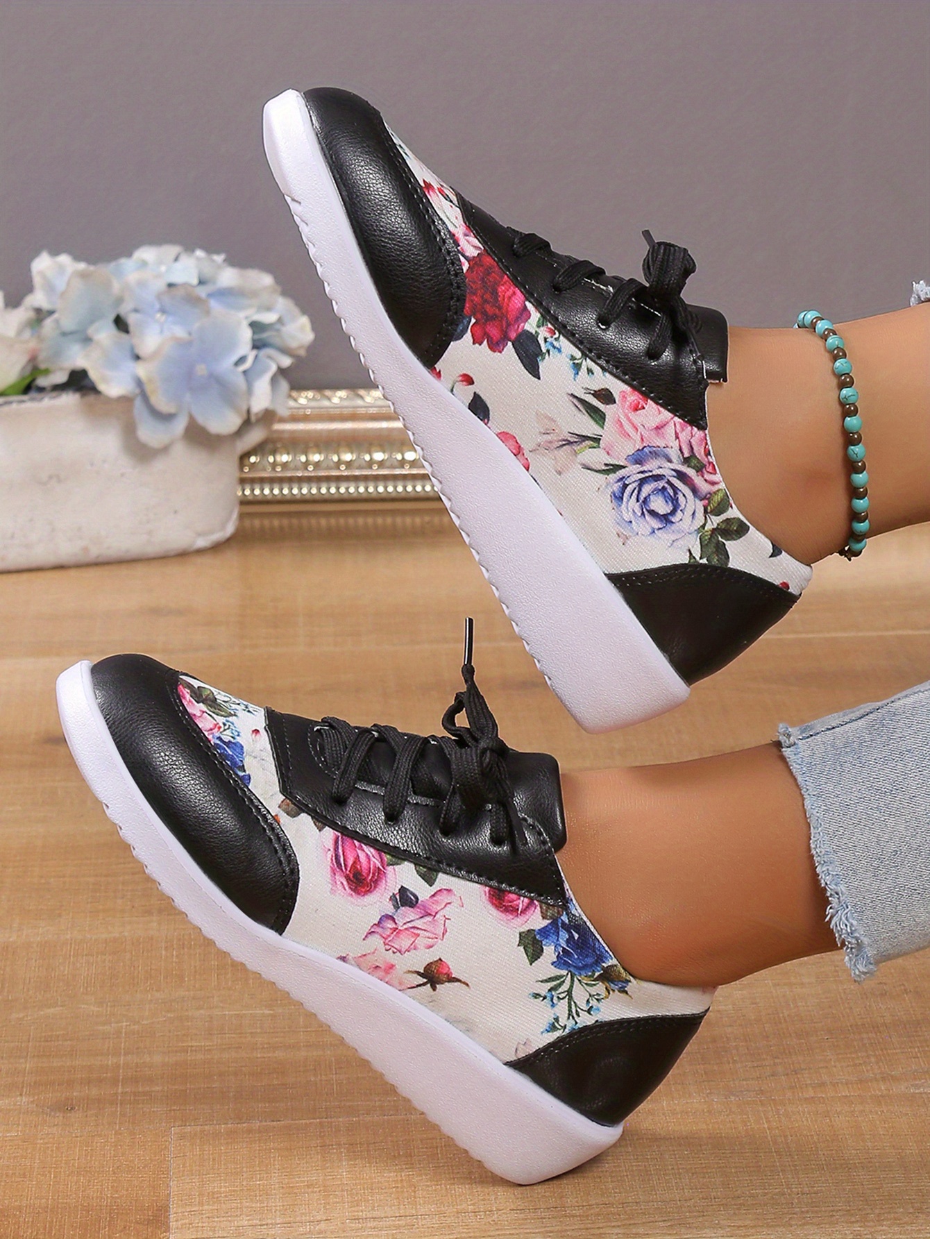 womens floral print sneakers lace up low top round toe non slip outdoor lightweight trainers casual versatile shoes details 5