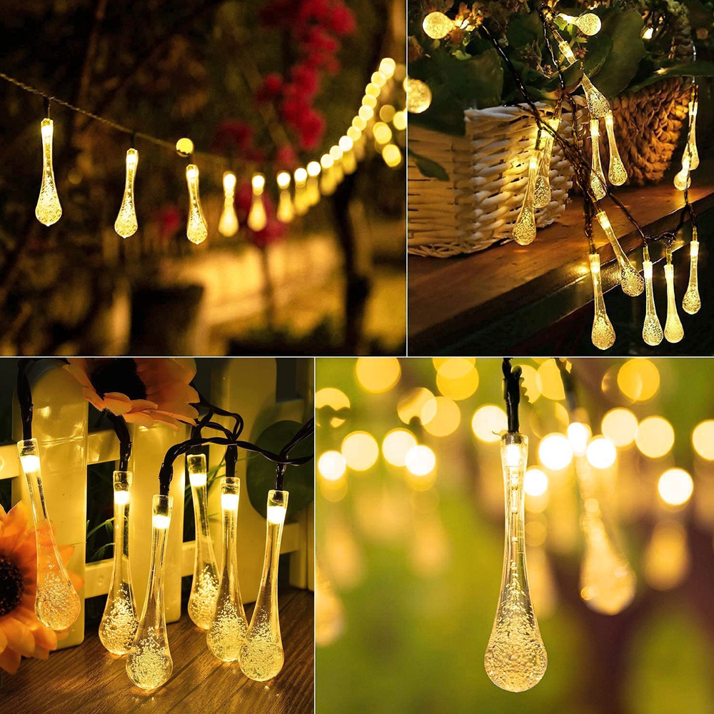 1pc water drops solar string light 6 5m 30led outdoor waterproof lighting crystal string lights with 8 lighting modes solar garden lights outdoor patio porch christmas wedding party garden wall decoration colourful warm white white details 8