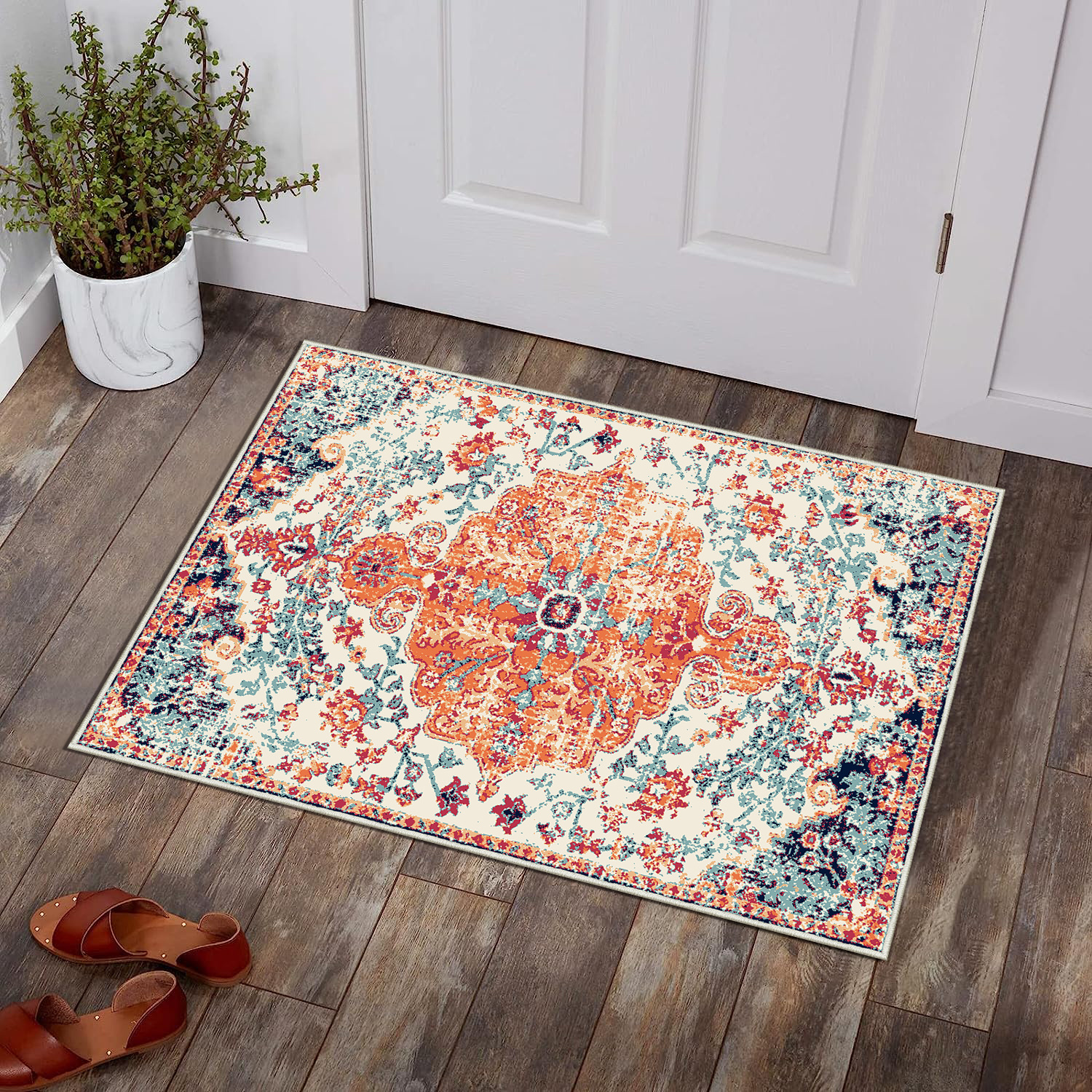 LEEVAN Boho Trible Throw Rugs 2x4.3 Oriental Floral Hallway Runners  Non-Slip Non-Shedding Indoor Machine Washable Vintage Accent Rug Floor  Carpets for