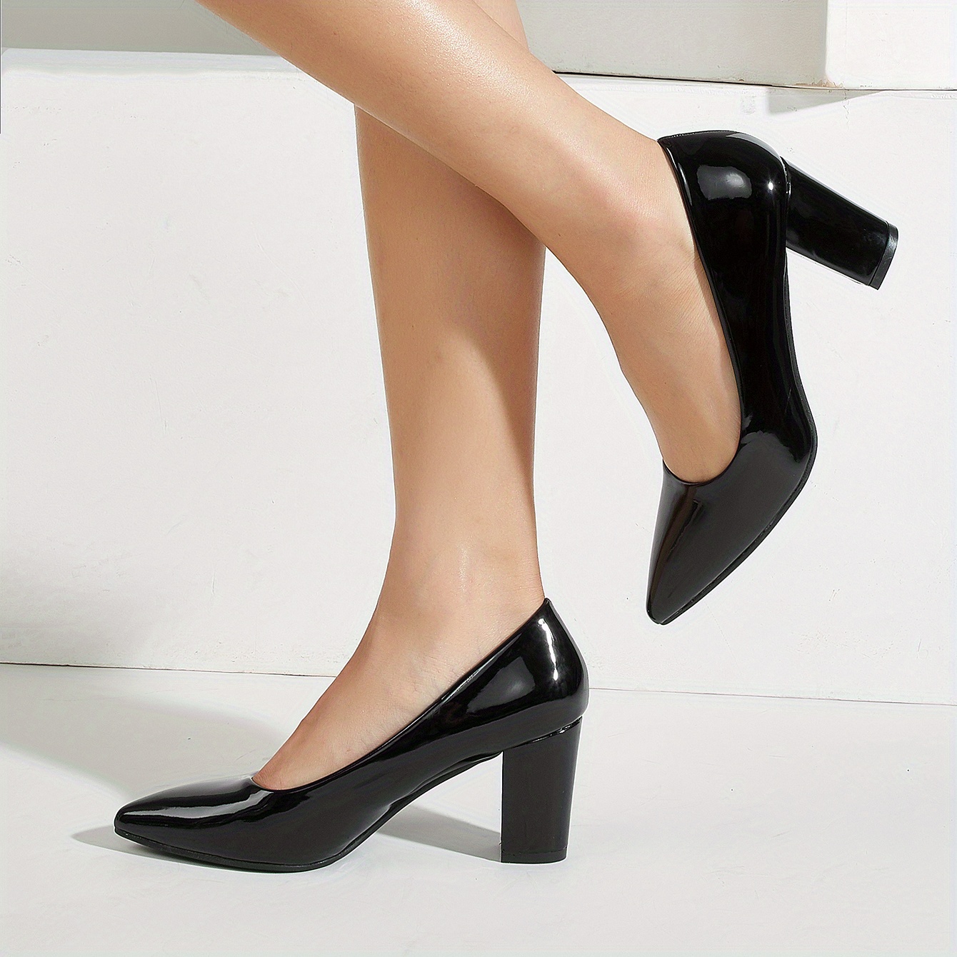 Women's Patent Leather Court Pumps Block Heels