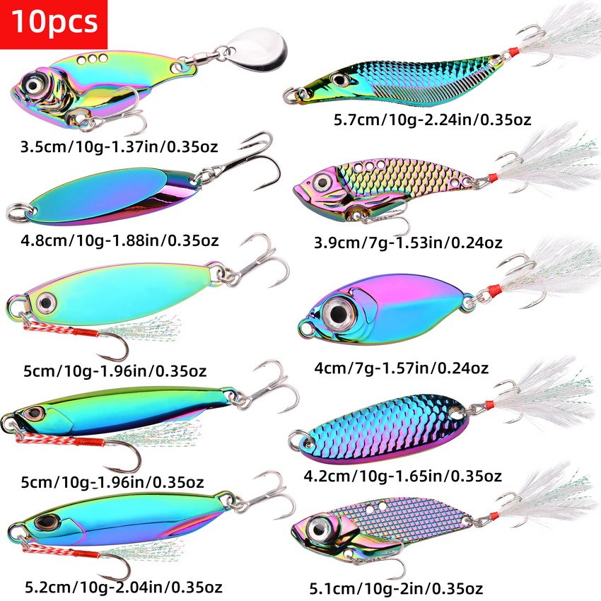 Winter Fishing Hard Baits Tackle 7.5g / 11g / 15g Spinner Fishing Lures  Rotating Sequin Spoon Metal VIB Feather Hook Baits Pesca