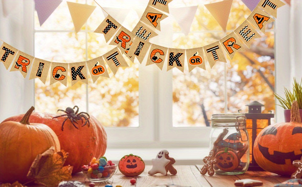 Whaline Halloween 'Trick Or Treat' Banner Aus Jute – 3 M Lange Wimpelkette Für Kamin, Wand & Partydeko, Fertig Montiert