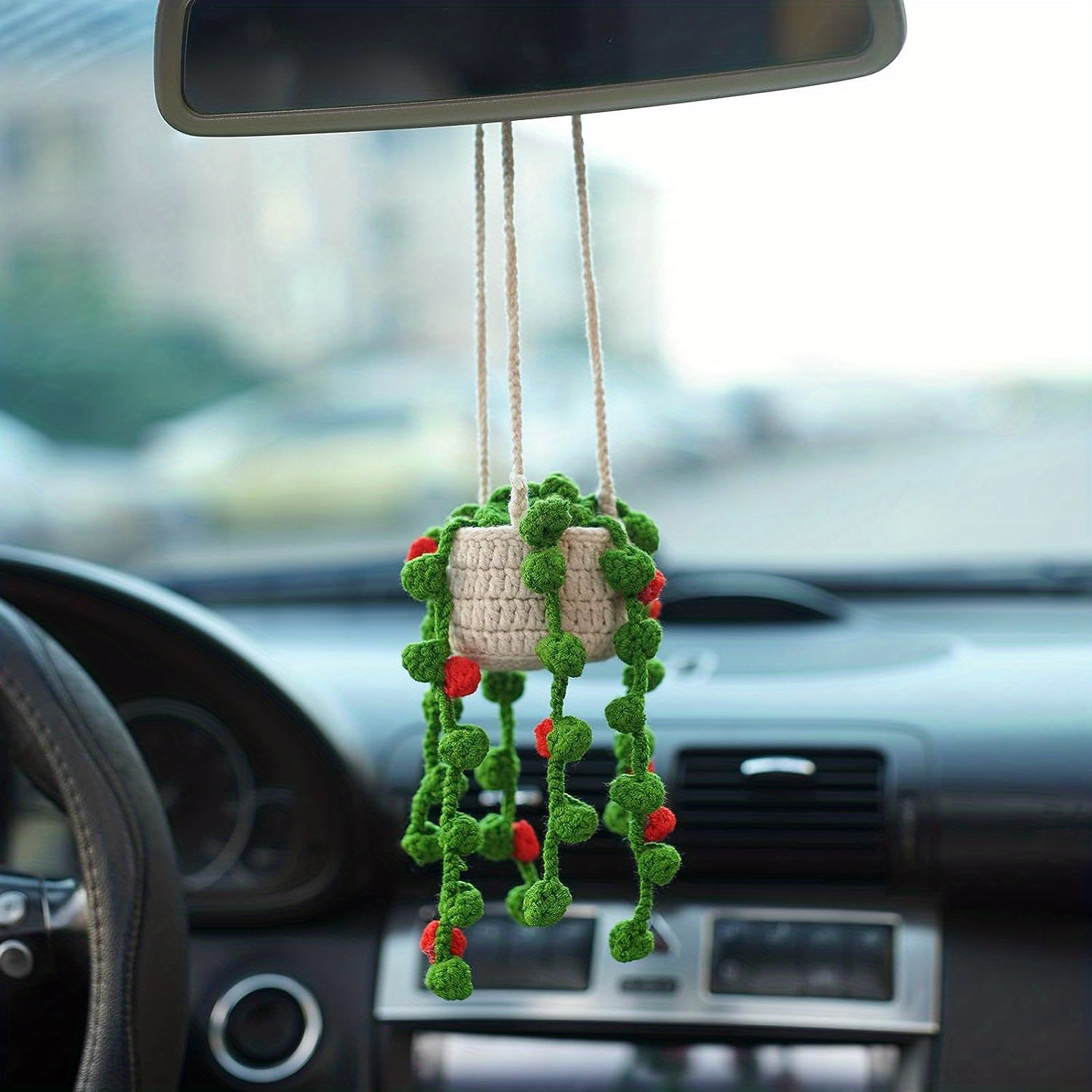 Cute Crochet Plant Car Hanging Ornament Car Rearview Mirror - Temu