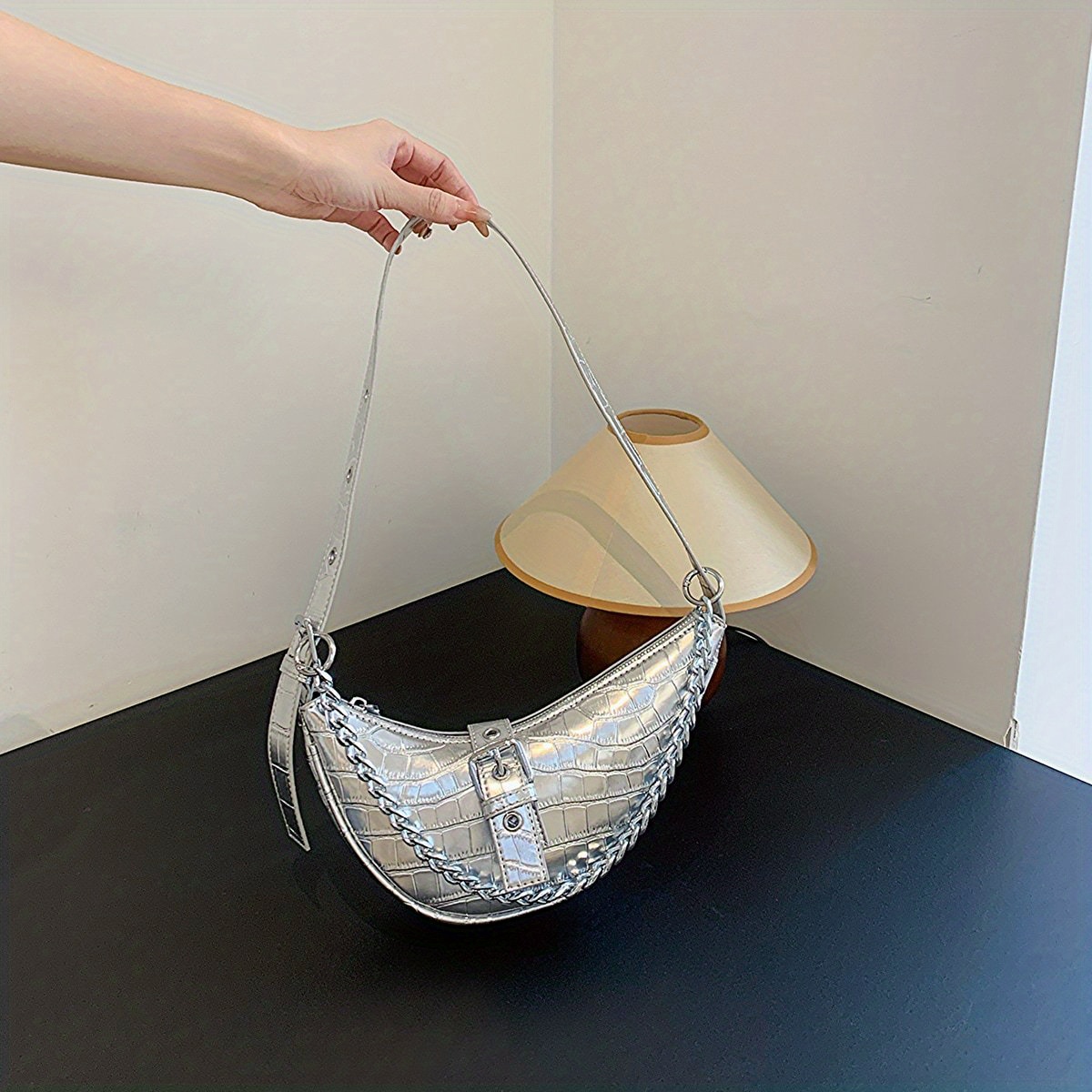Cool Silver Handbag, Pu Leather Shoulder Bag, Y2k Chain Decor Half-moon  Handbag With Zipper - Temu Germany