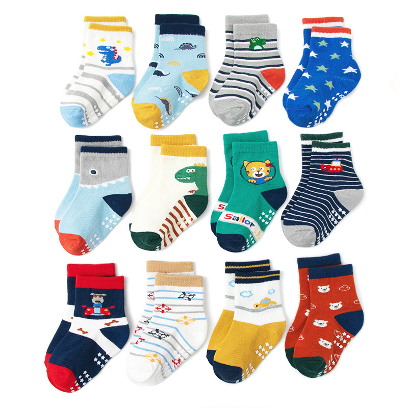 Image of 12 Pairs Of Adorable Cartoon-themed Socks For Boys, Designed For And Featuring A Non-slip Crew Style