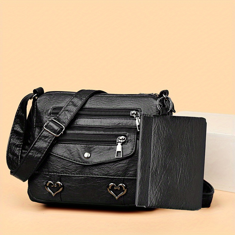 Heart Decor Crossbody Bag, Vintage Pu Leather Shoulder Bag