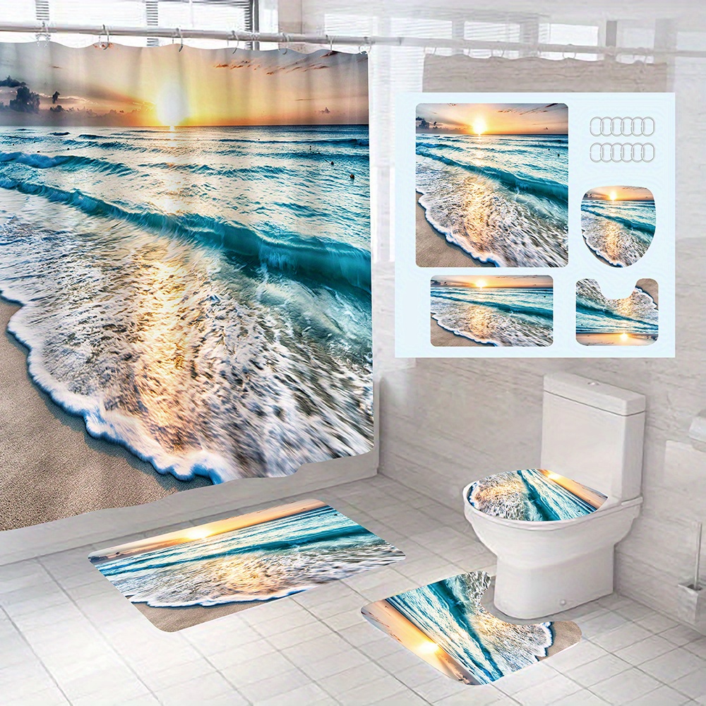 Ocean Pattern Shower Curtain Set, Waterproof Curtain With 12 Hooks,  Non-slip Rug, Toilet Lid Cover, Bath Mat, Bathroom Partition, Bathroom  Accessories, - Temu