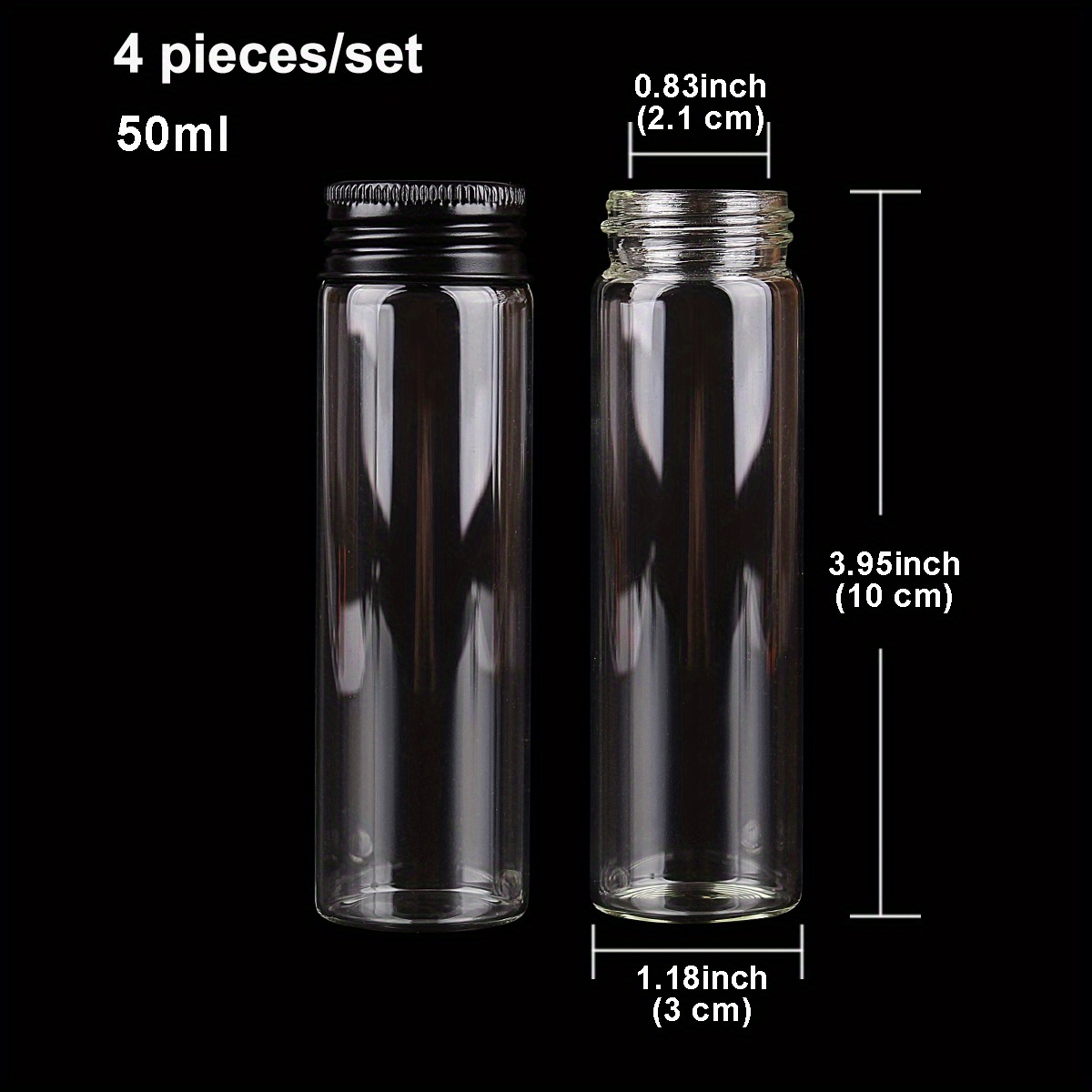 4pcs Per Set 10ml/15ml/20ml//30ml/40ml/50ml/60ml Glass Bottle With Black Aluminum Cap 3.0cm Diameter Empty Transparent Glass Bottle 8 Sizes For You