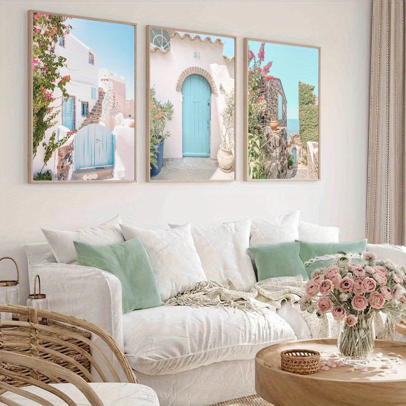 3ピースブルーギリシャキャンバス絵画、旅行ポスターとプリント海岸壁アート、モダンなリビングルームの装飾家の装飾、フレームなし