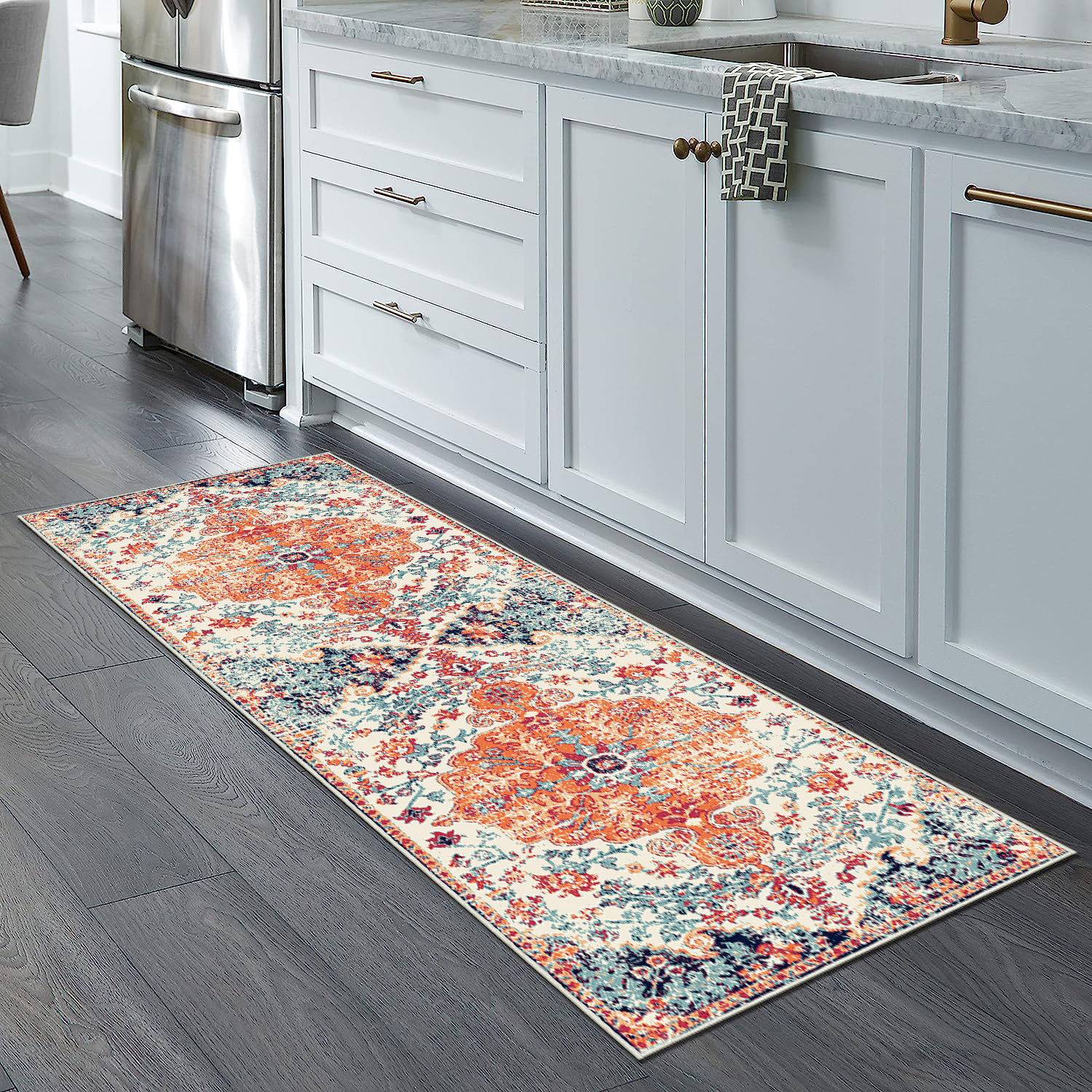 RORA Area Rug 2x4 Non-Slip Machine Washable Boho Distressed Neutral Area  Rug Hallway Runner Rug for Bedroom Kitchen Bathroom Entryway Low Profile