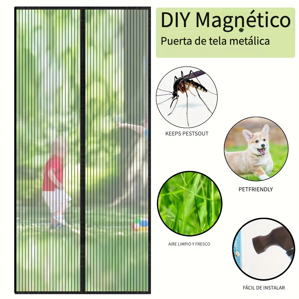 Mosquitera para puerta con cierre de cremallera, mosquitera para mascotas,  malla para moscas e insectos, resistente