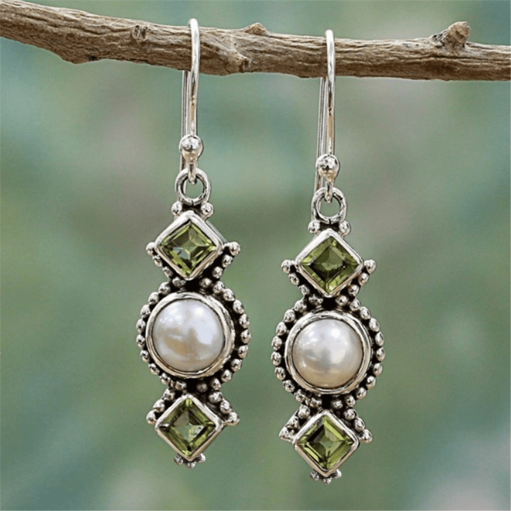 TEMU Vintage Irregular Geometric Drop 925 Earrings Inlaid Pearls & Synthetic Gemstones Boho Style Hook Earrings