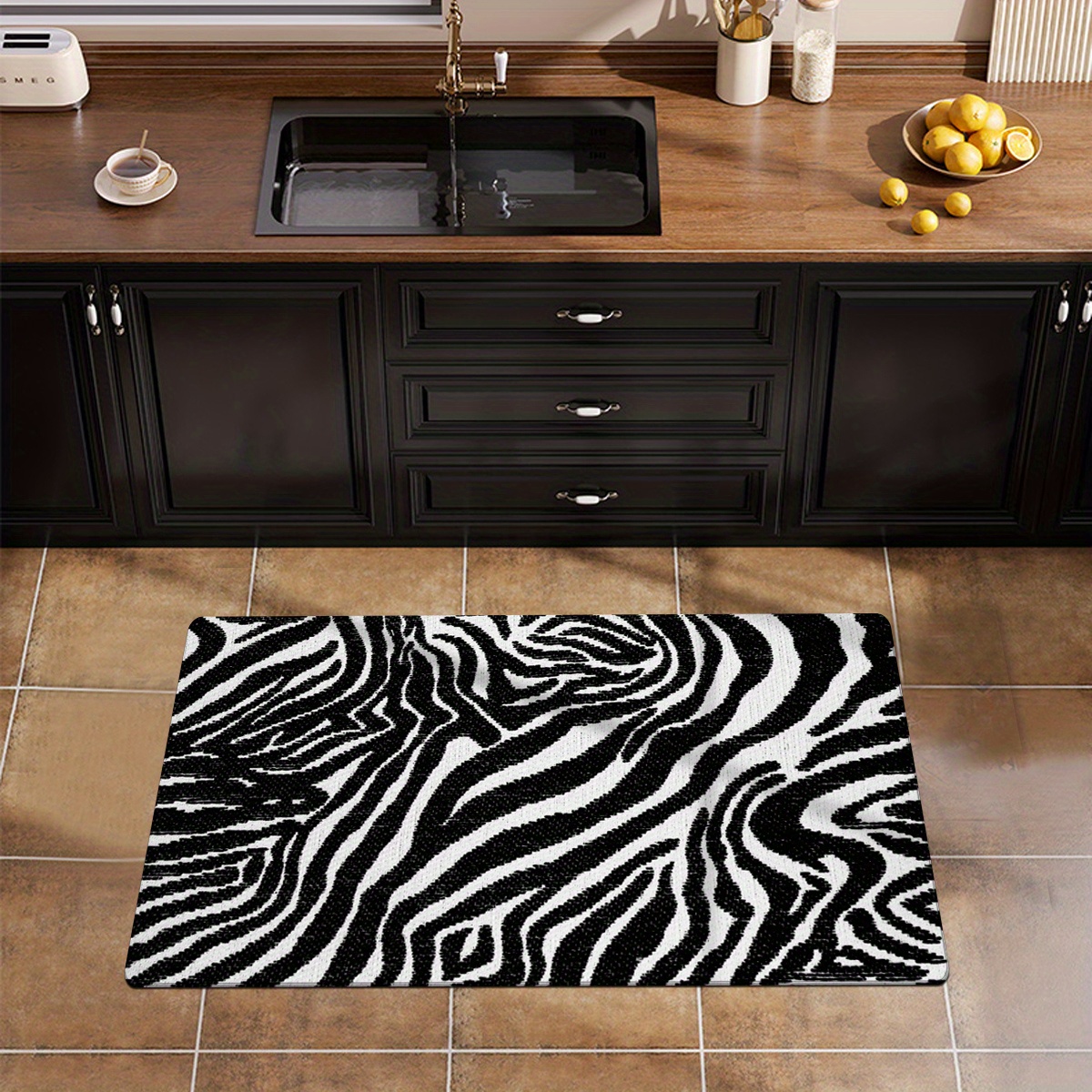 1pc Letter Graphic Kitchen Rug, Black-and-white Polyester Modern