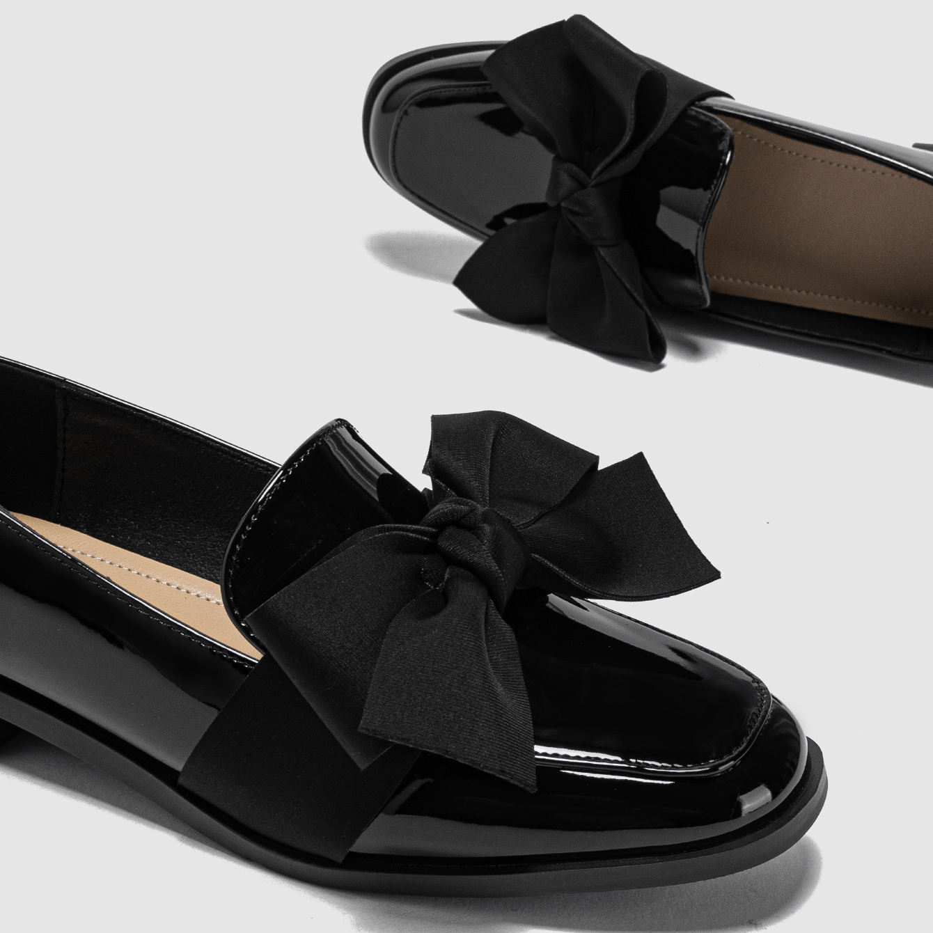 Women's Bowknot Loafers Square Toe Patent Leather Slip Shoes 