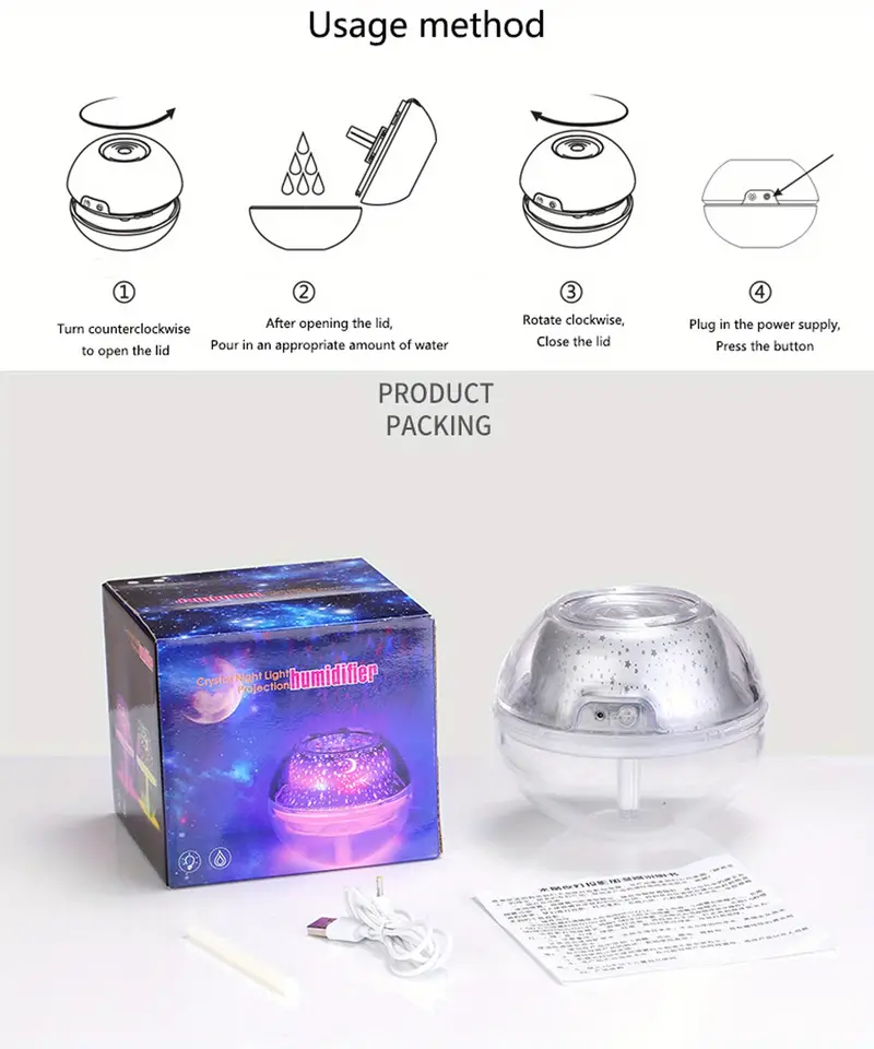 1pc 500ml mini humidifier crystal projection humidifier bedroom usb mini humidifier rechargeable air humidifier projection ambient light aesthetic room decor art supplies for living room classroom school bedroom office back to school school supplies details 16