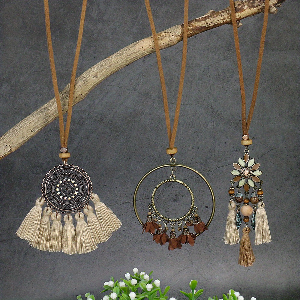 Colorful Boho Long Fringe Necklace Wood Beads and Tassels