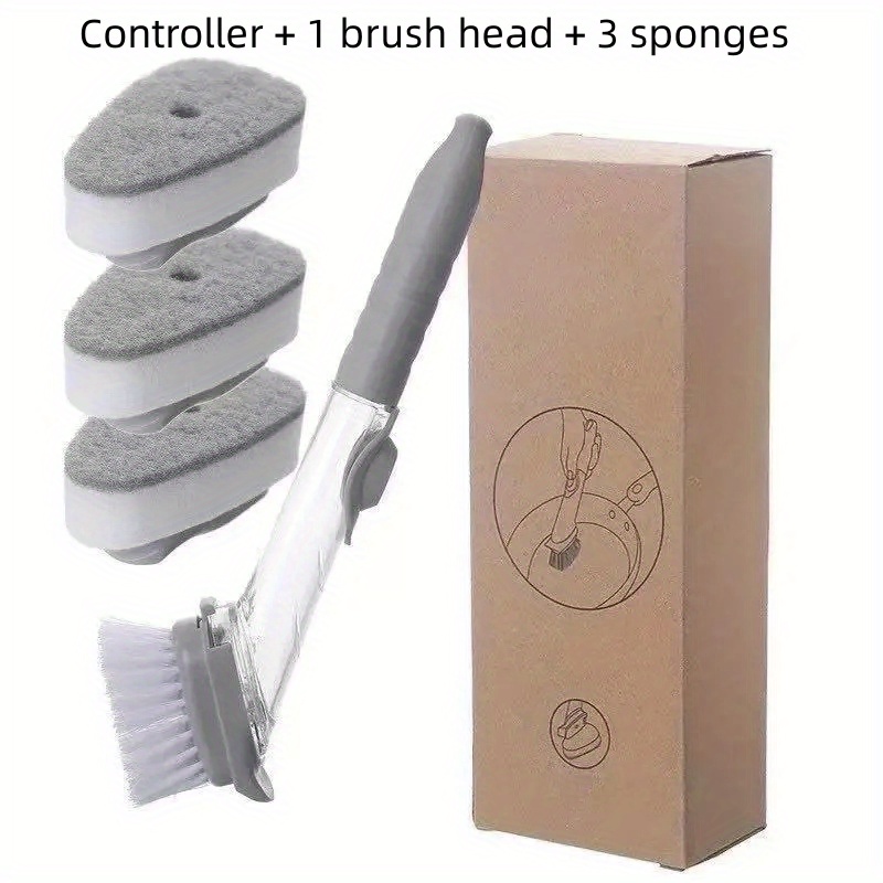 Sink Brush Scrubber Soap Dispensing Dish Brush - 3 Sponge Heads
