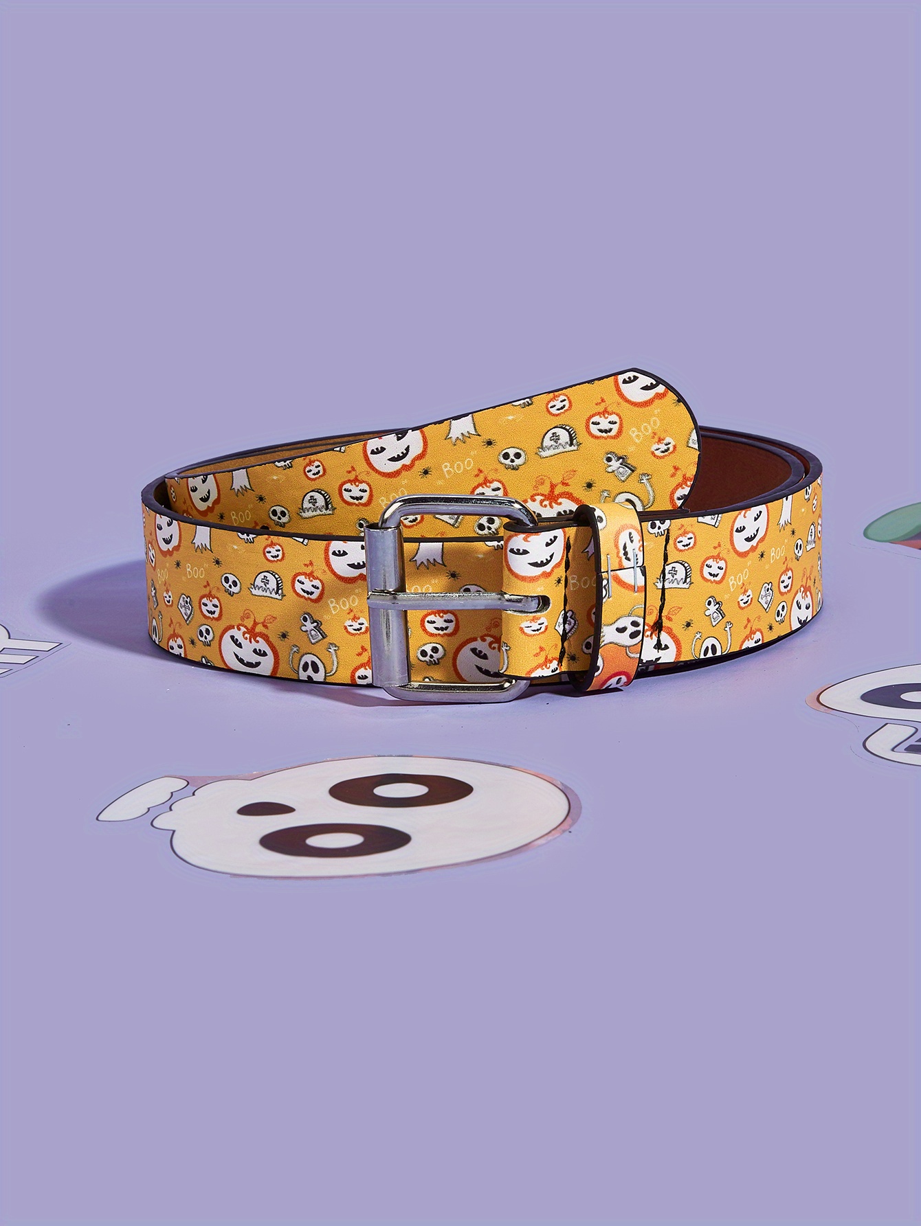 Pumpkin Ghost Print Pu Belt Orange Halloween Waist Belts Trendy