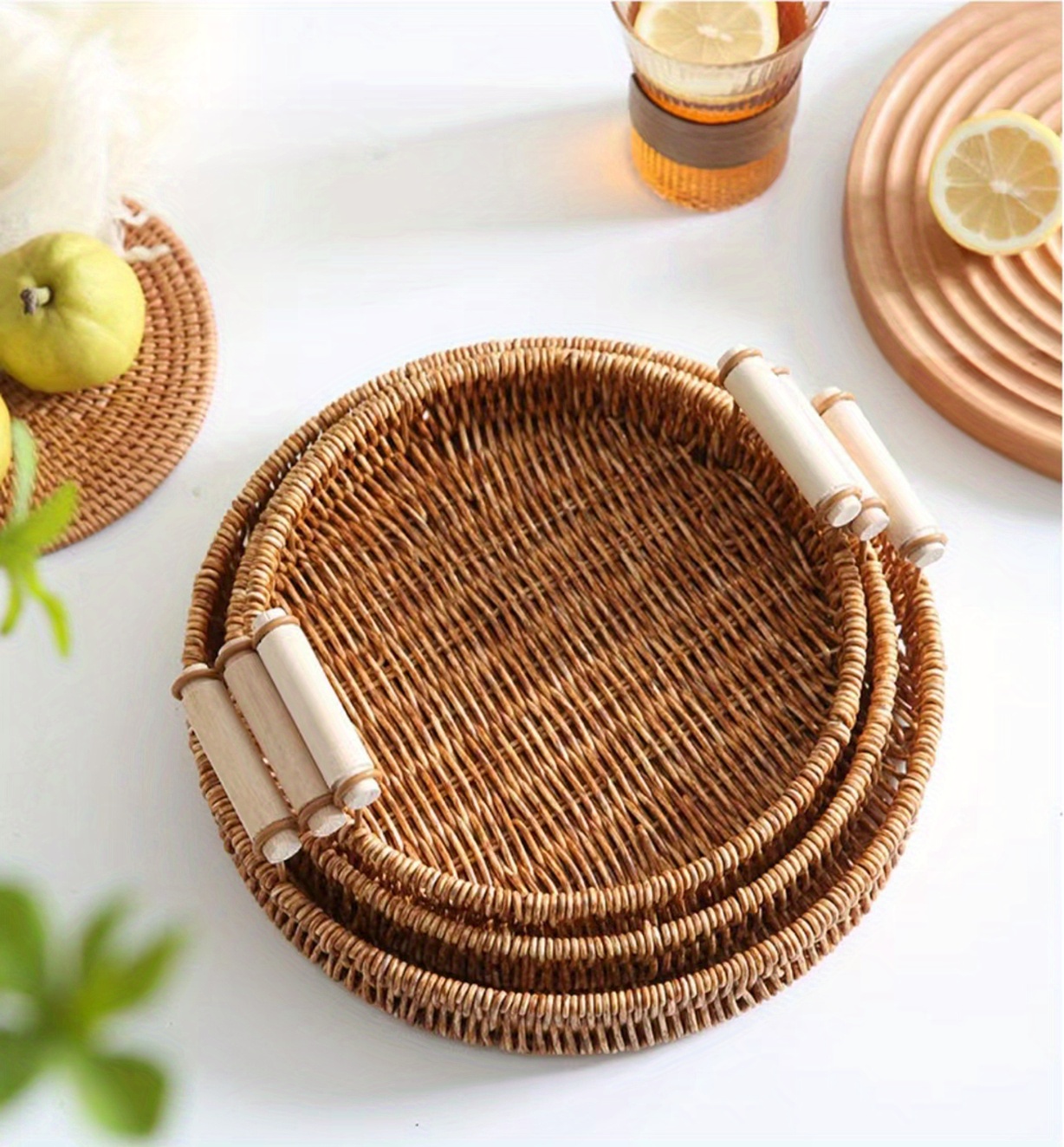 Stylish Woven Serving Tray Wooden Handles Temu New Zealand