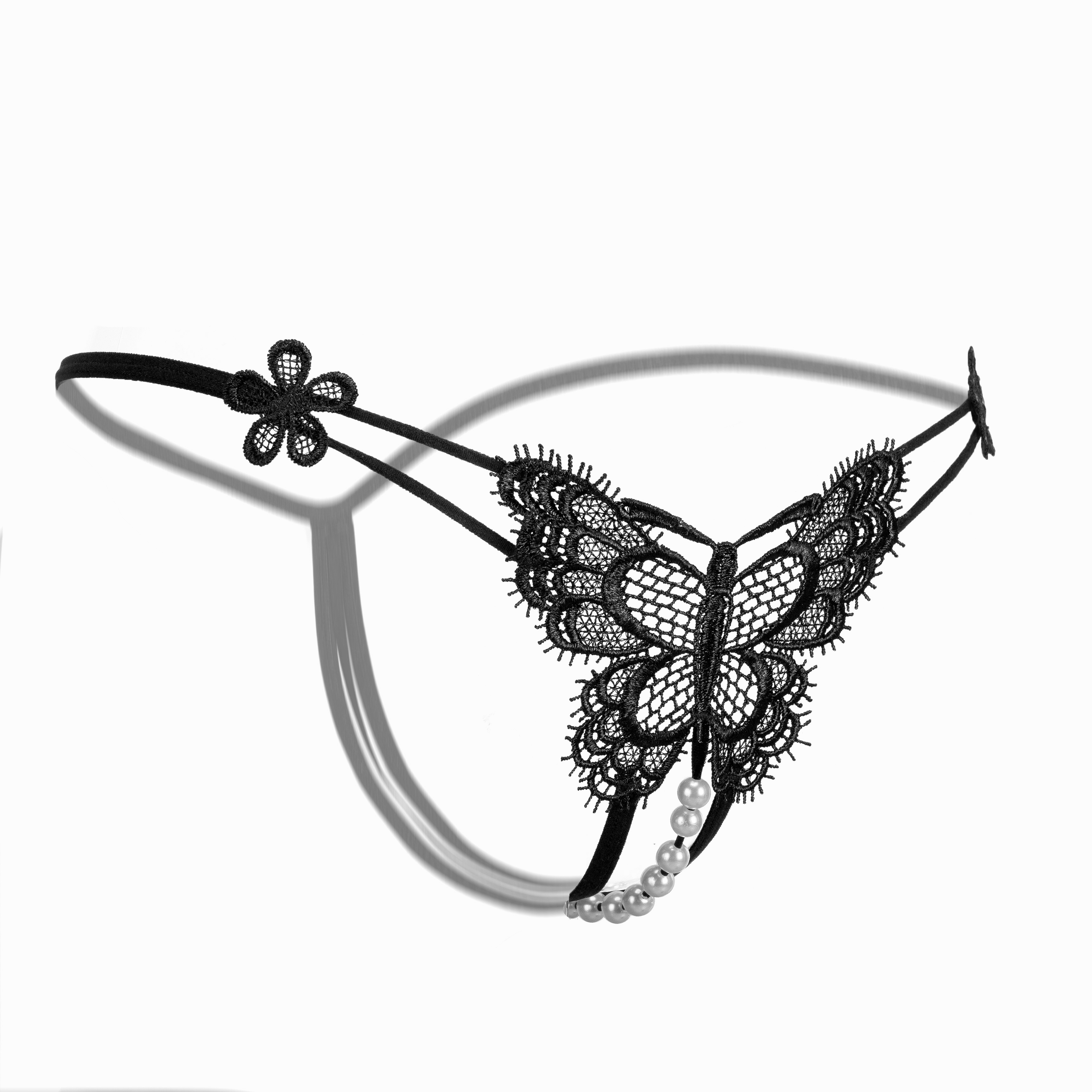 Butterfly Embroidery Thongs Cut Out Open Crotch Faux Pearl Panties