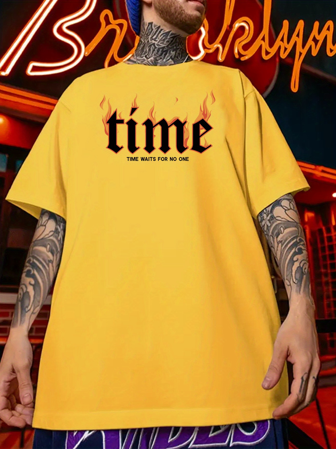 Stylish Letters 'time' Flame Pattern Print Men's Plus Size T - Temu 