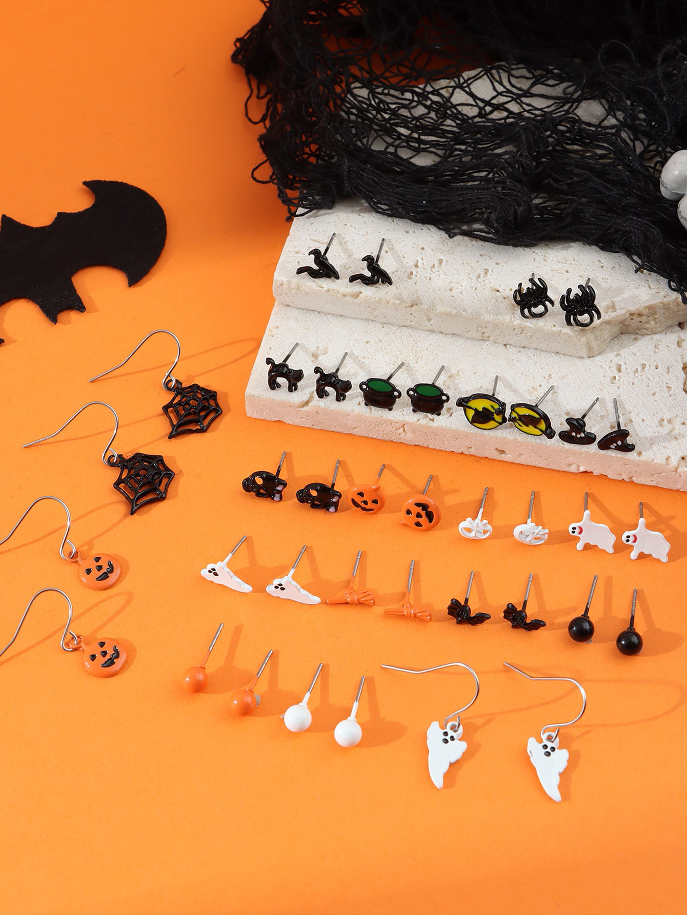 Halloween Stud Earrings Set Witch Bat Spider Web Skeleton - Temu