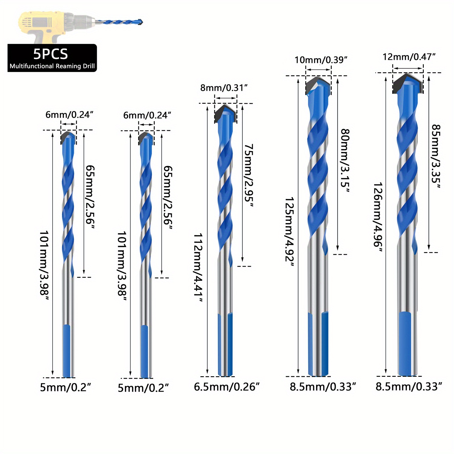 8 Pcs Masonry Drill Bit Set 1/8" To 3/8" M2 Carbide Tip Concrete Brick Tile Case