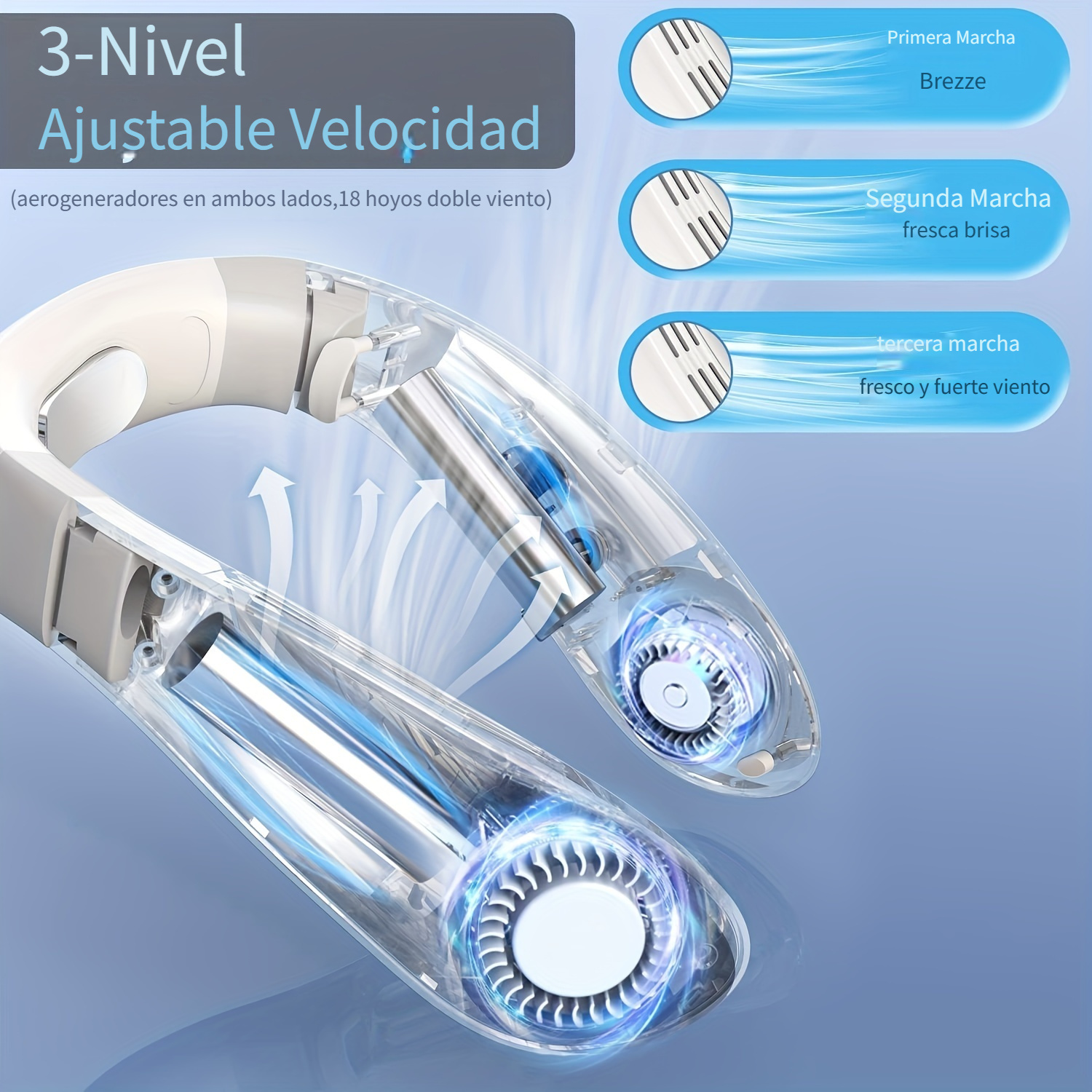 Ventilador estilo colgante de cuello recargable USB de 3 velocidades azul