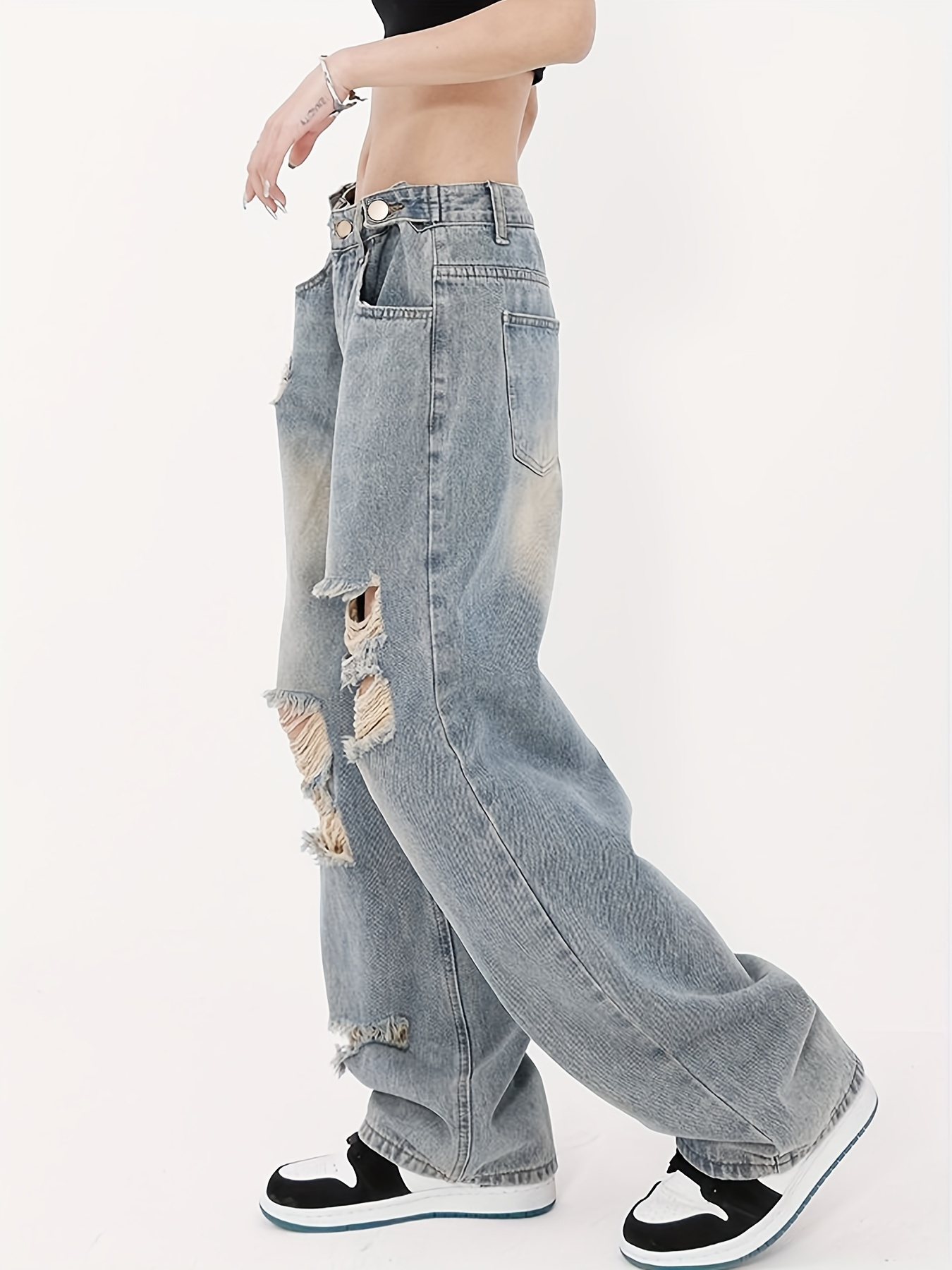 Blue Ripped Holes Straight Jeans Loose Fit Washed Distressed - Temu