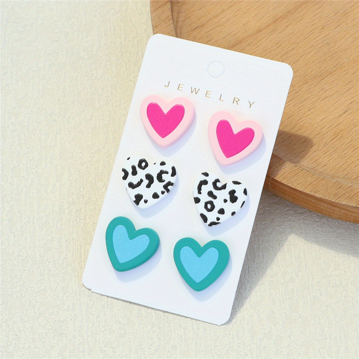 Image of 3-in-1 Card Ladies' Heart-shaped Acrylic Earrings With , Blue Hearts, And Leopard Print -textured Design