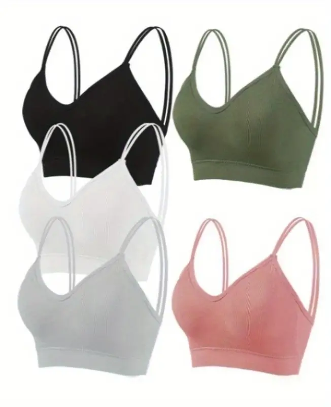 Solid Ribbed Wireless Bras Comfy Breathable Double Straps - Temu