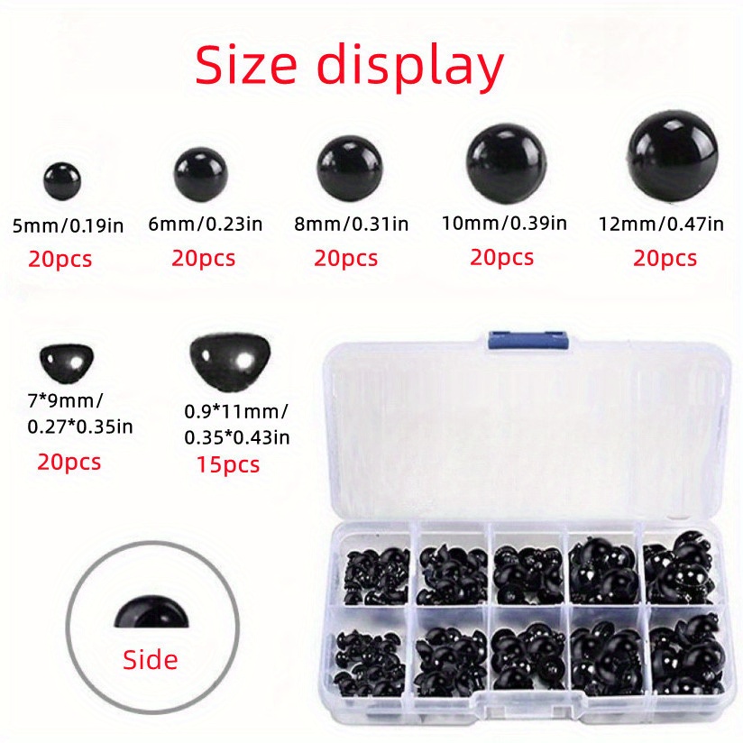135pcs DIY Black Plastic Doll Eyes & Nose Assorted Size Round Flat