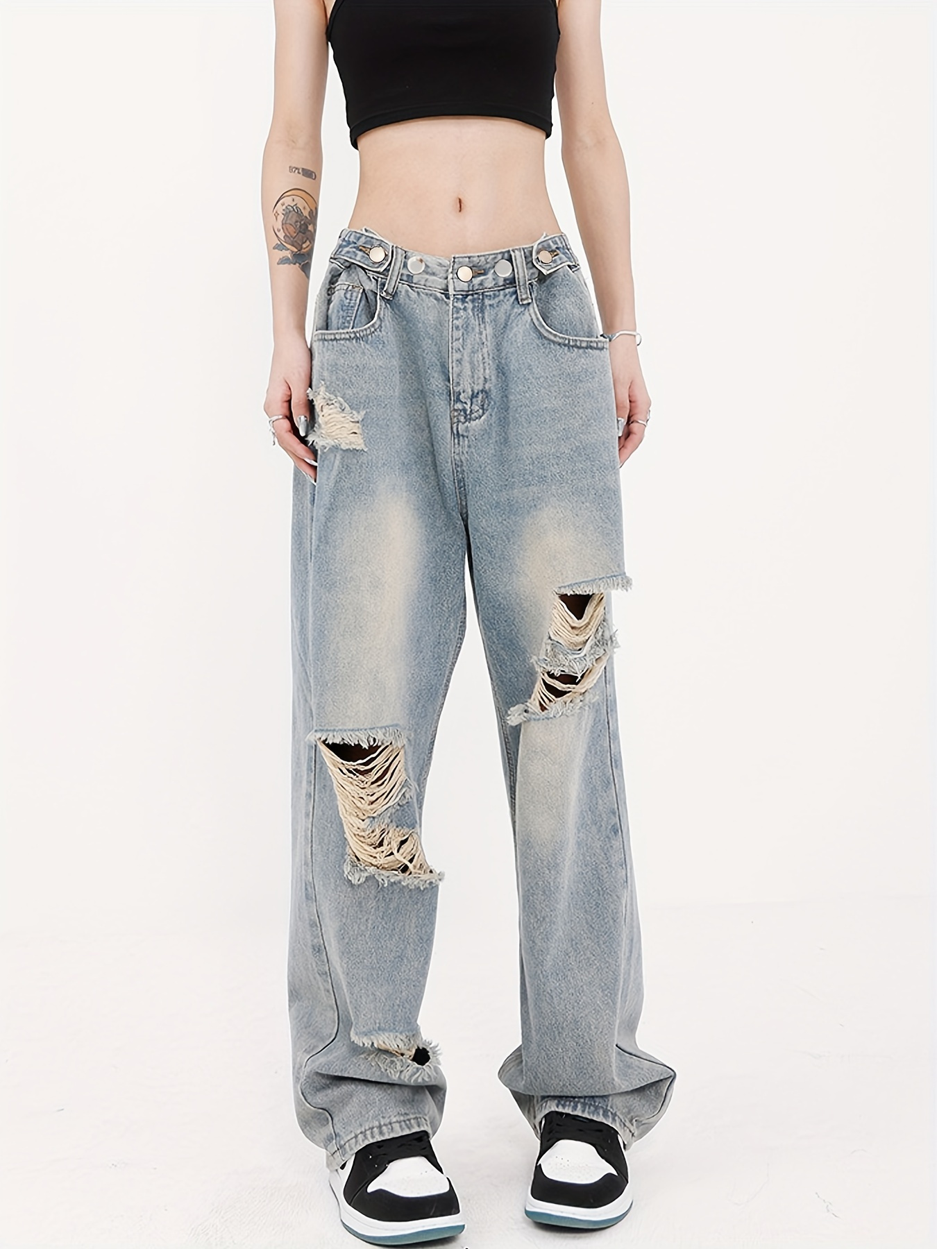 Blue Ripped Holes Straight Jeans Loose Fit Washed Distressed - Temu