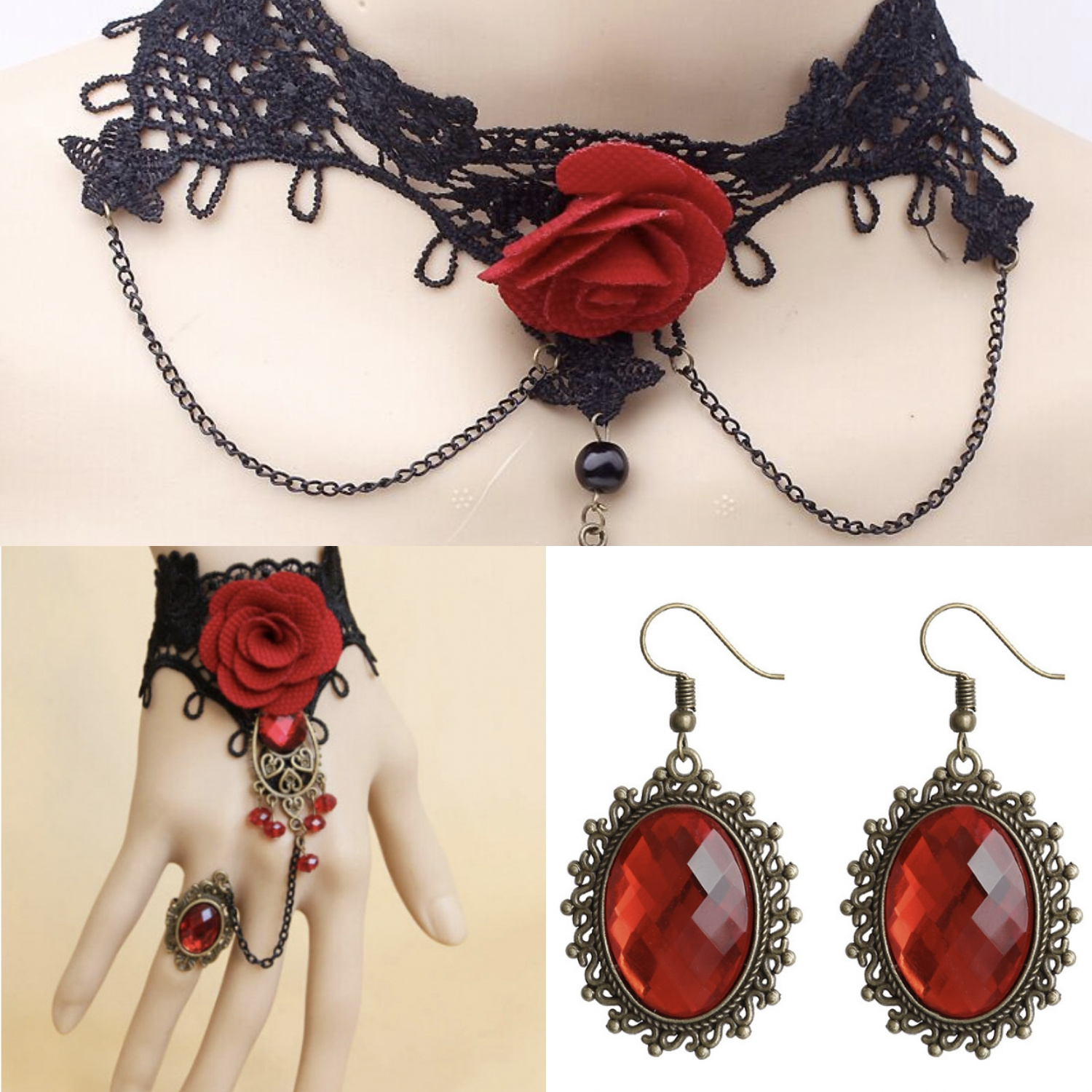 Red Jewel Necklace for Women, Gothic Jewelry, Red Gothic Necklace 