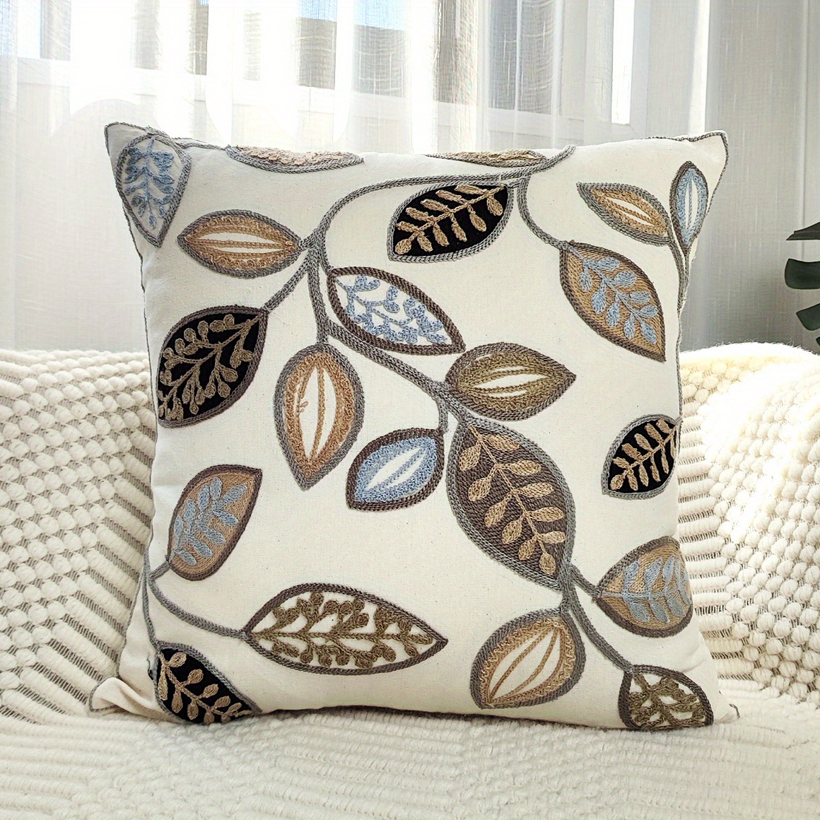 1pc Leaf Embroidered Decorative Throw Pillow Case, Canvas Cushion Cover For Living Room, Home Decor
