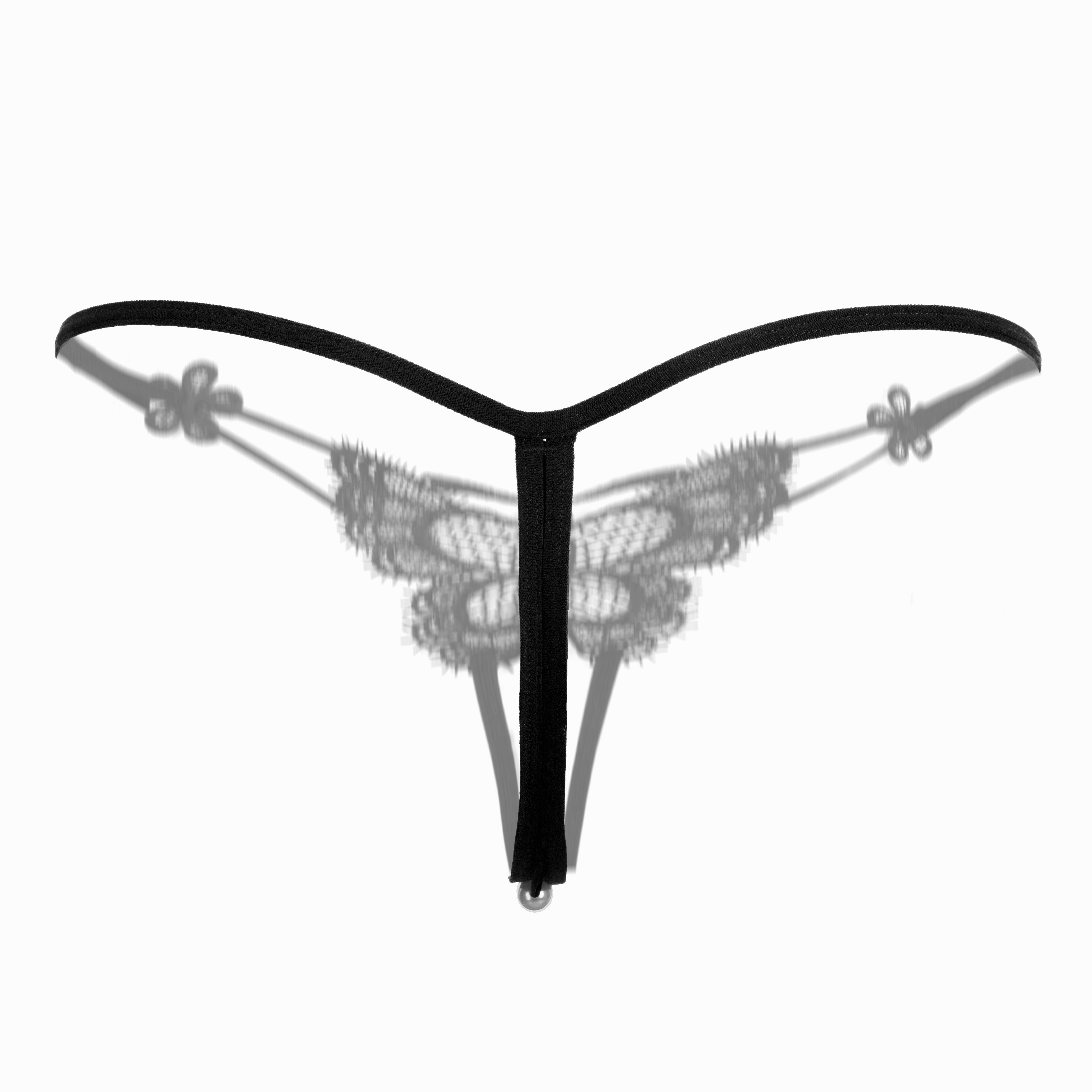 Butterfly Embroidery Thongs Cut Out Open Crotch Faux Pearl Panties