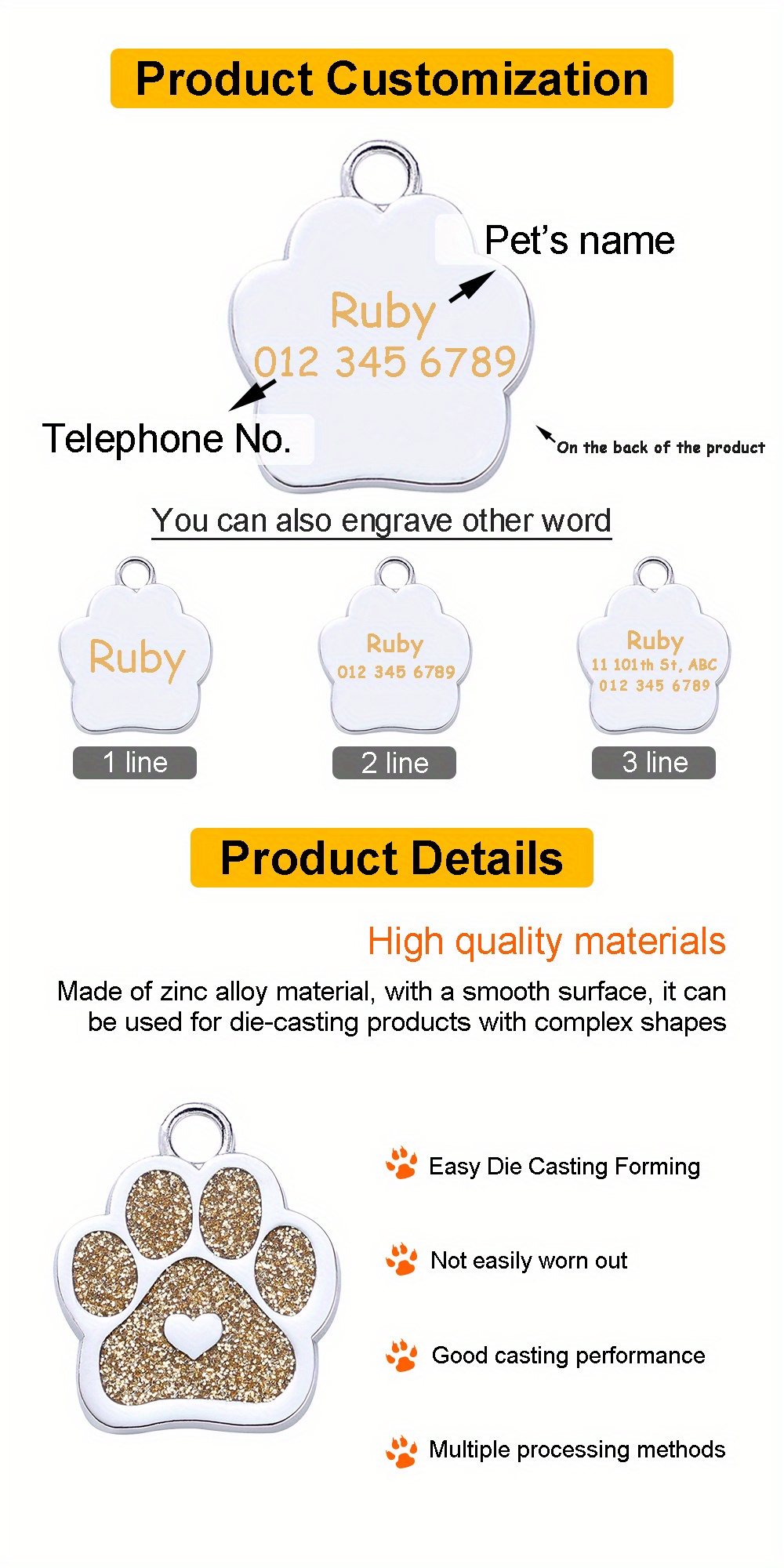 Customized Pet Id Tag, Bling Bling Dog Paw Prints Tag Dog Name Tag Temu