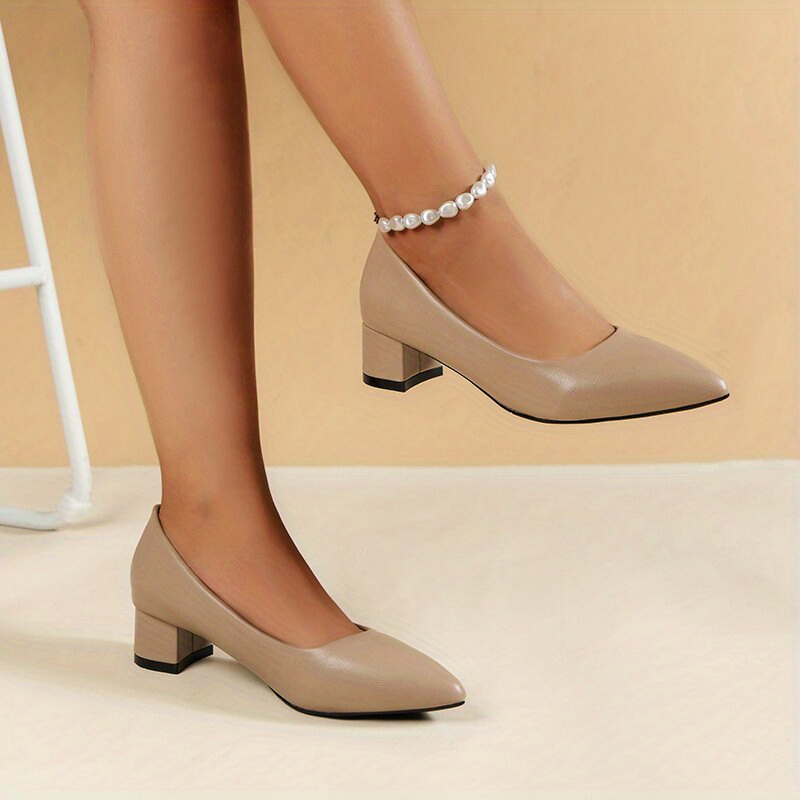 point toe dress pumps women s solid color chunky heels details 6