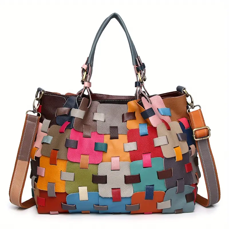 Contrast Color Patchwork Top Handle Satchel Large Capacity Tote