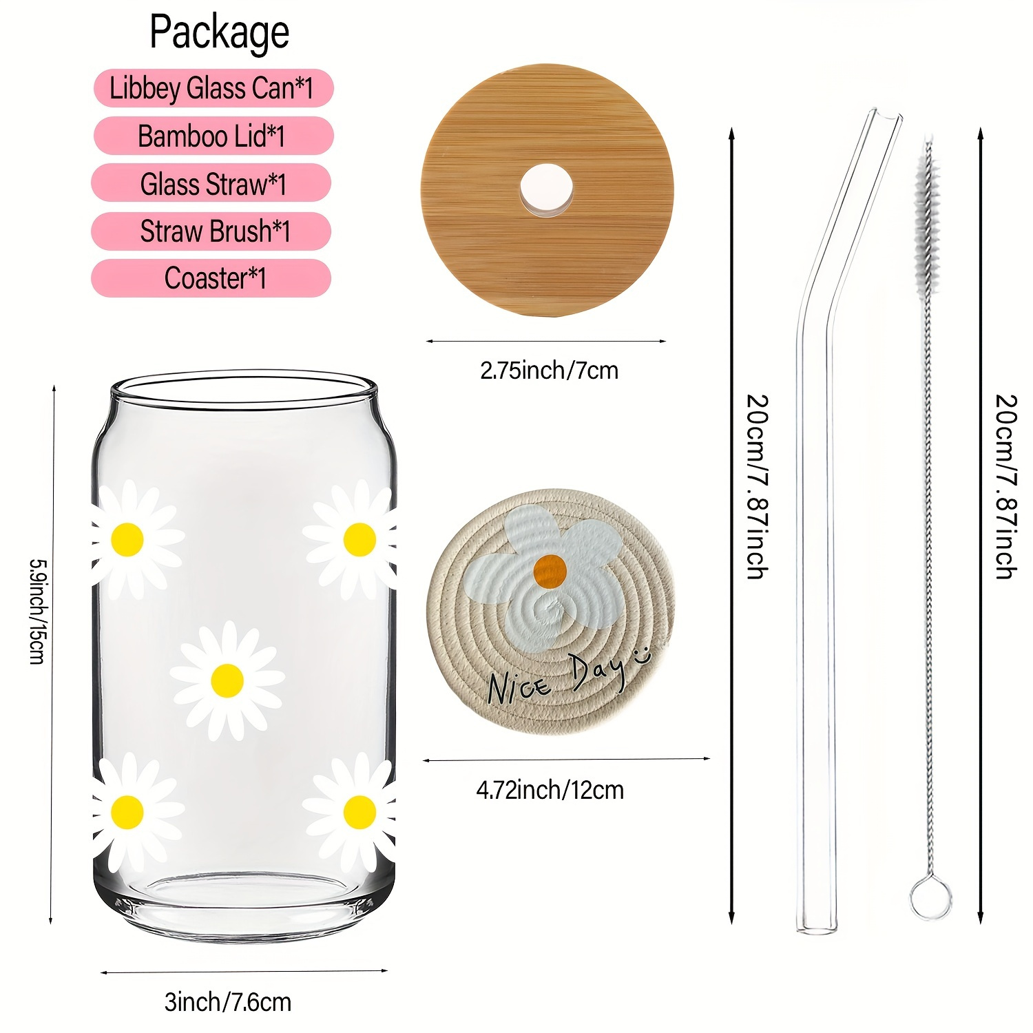 16oz Vintage White Daisy Series Glass Cup Set (1pc Glass Cup + 1pc Wooden  Cup Lid + 1pc Transparent Straw + 1pc Straw Brush + 1pc Coaster) for restaur